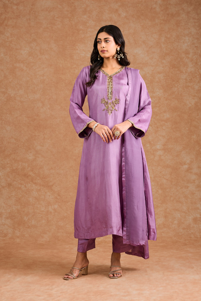 Women's Purple Viscose Opara Silk Floral A-Line Kurta Set