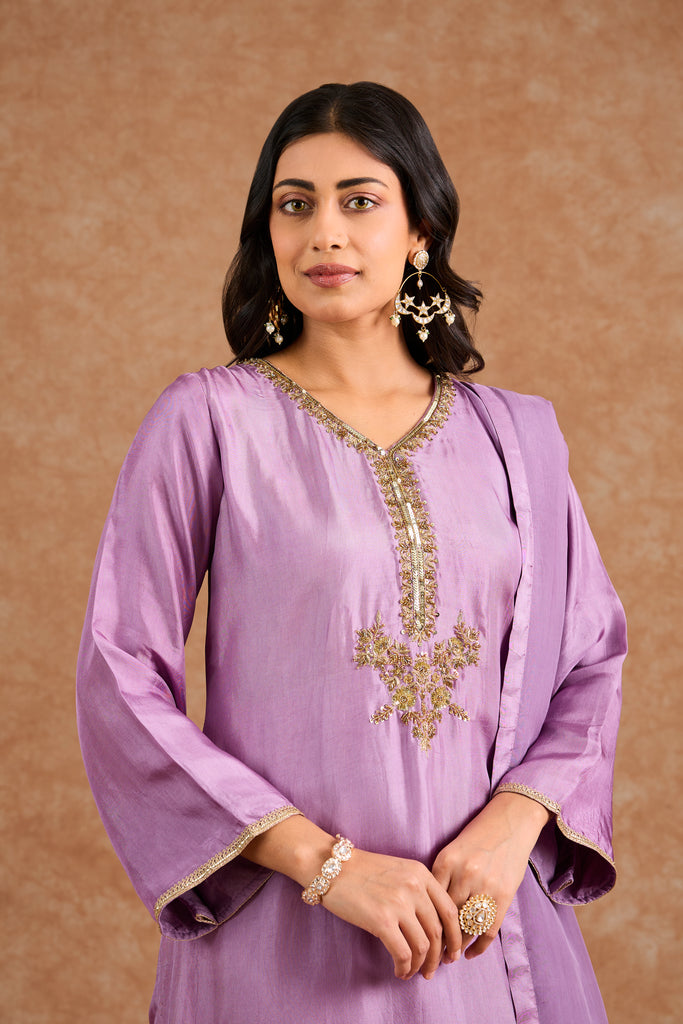 Women's Purple Viscose Opara Silk Floral A-Line Kurta Set