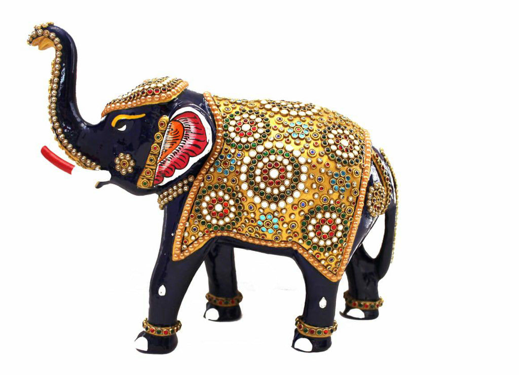 10" Metal Elephant Idol with Meenakari Jewellery Stone Painting | Handcrafted Décor Figurine