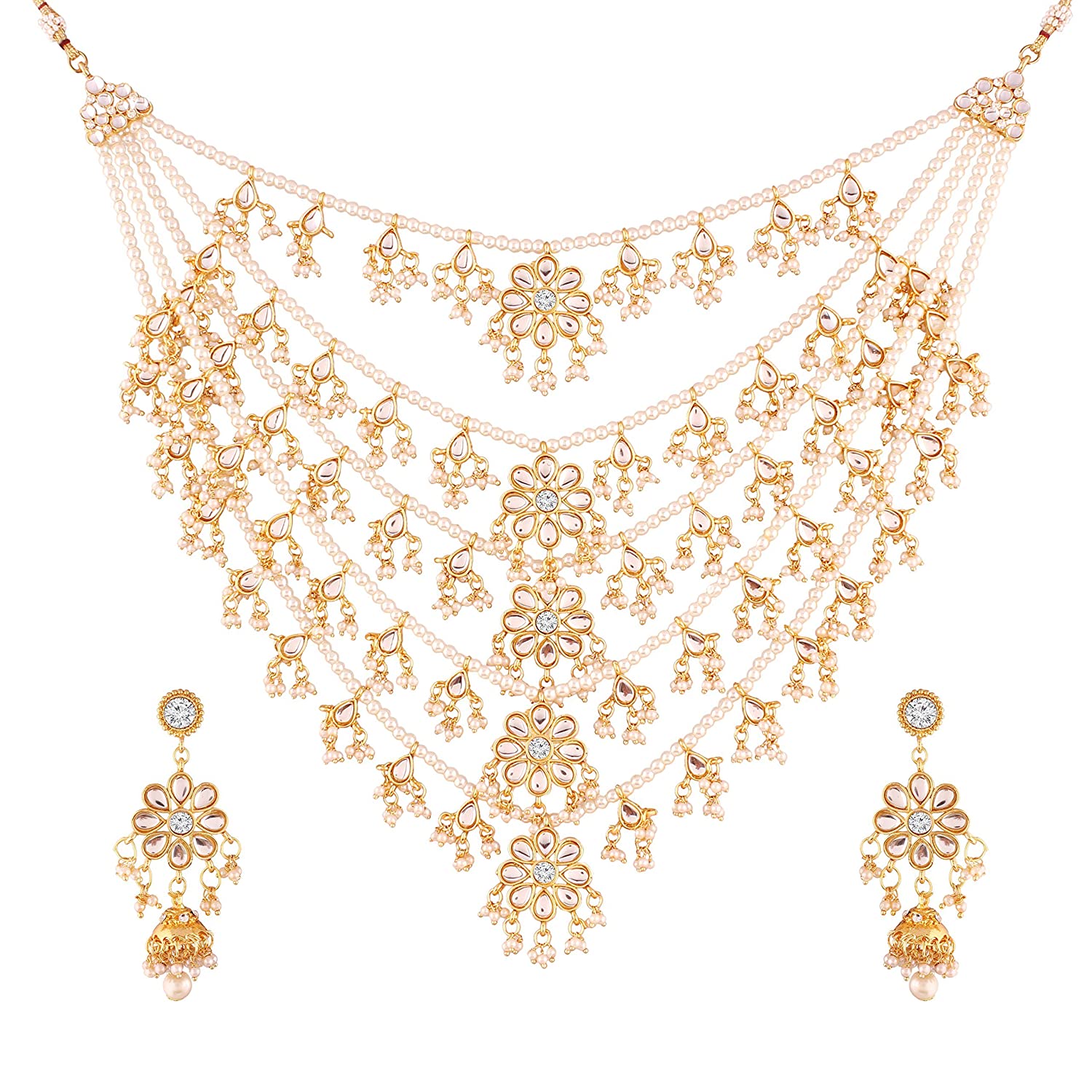 Women's Gold Plated Multi Strand Floral Kundan & Pearl Beaded Necklace Set