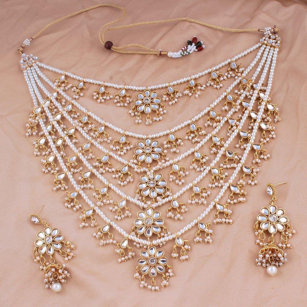 Women's Gold Plated Multi Strand Floral Kundan & Pearl Beaded Necklace Set