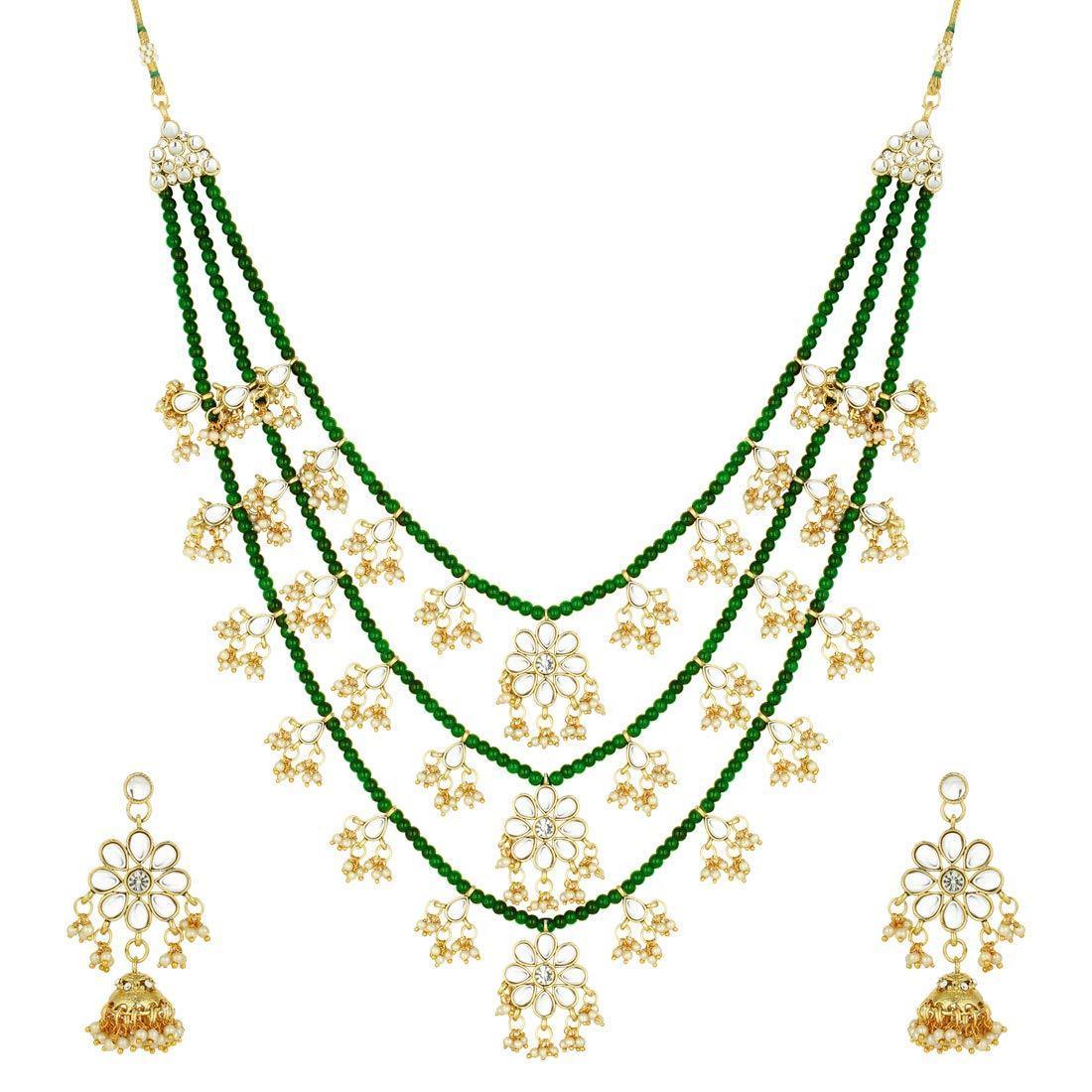 Women's 3 Layered Multi Strand Floral Green Kundan & Pearl Beaded Necklace