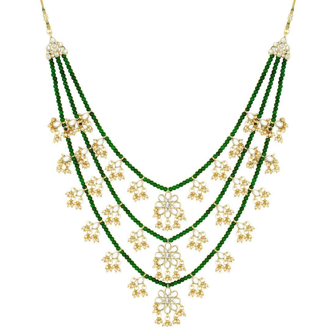Women's 3 Layered Multi Strand Floral Green Kundan & Pearl Beaded Necklace