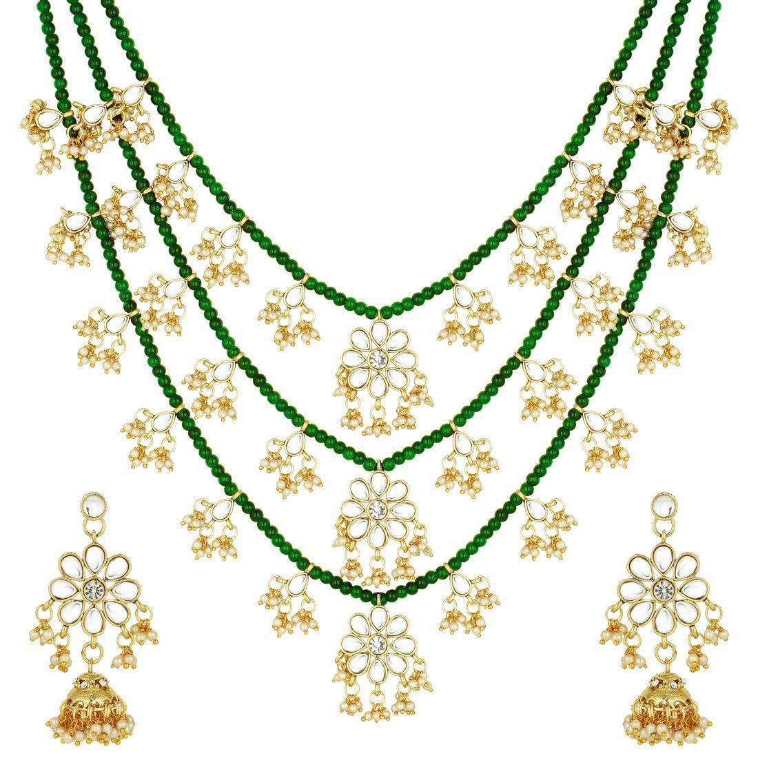 Women's 3 Layered Multi Strand Floral Green Kundan & Pearl Beaded Necklace