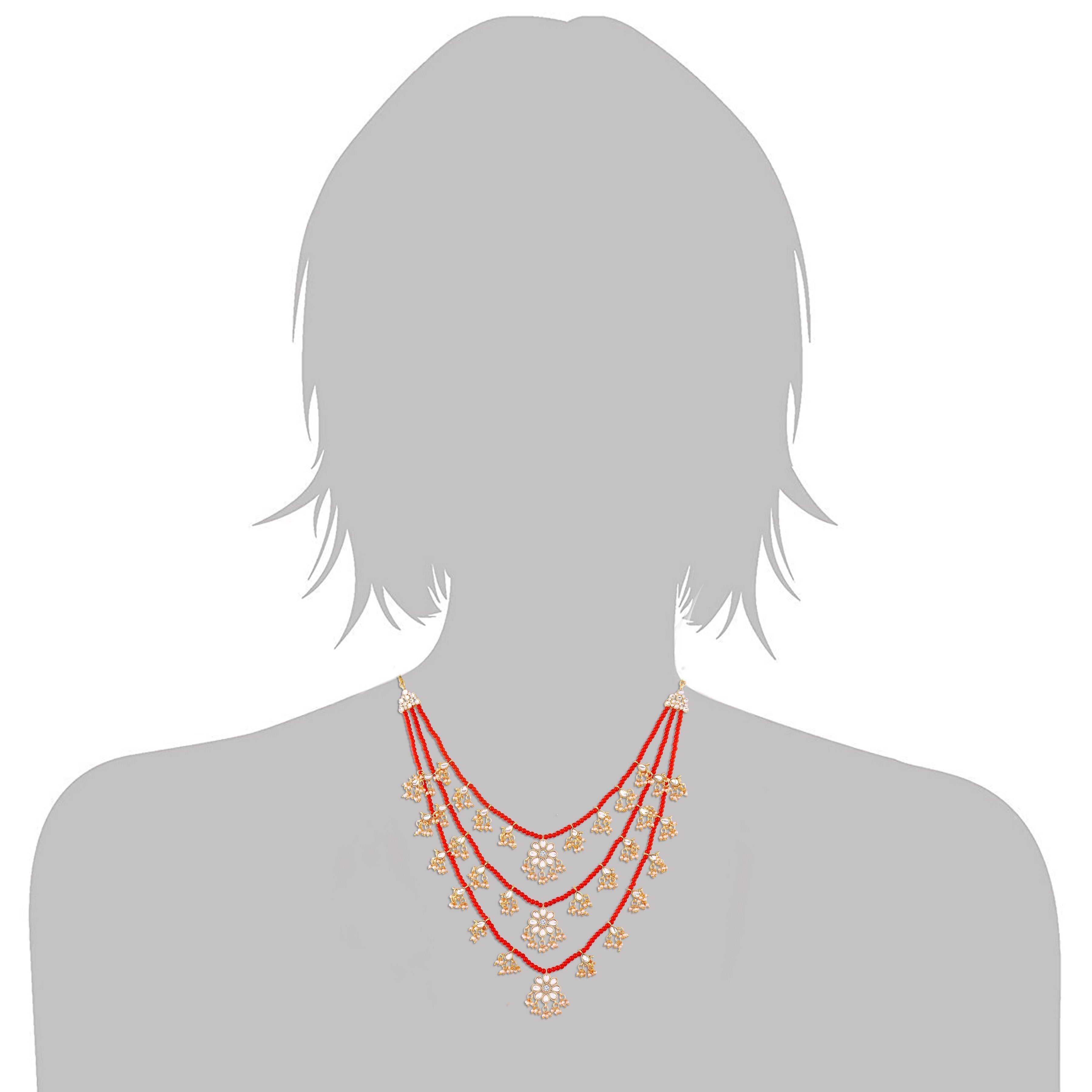 Women's 3 Layered Multi Strand Floral Red Kundan & Pearl Beaded Necklace
