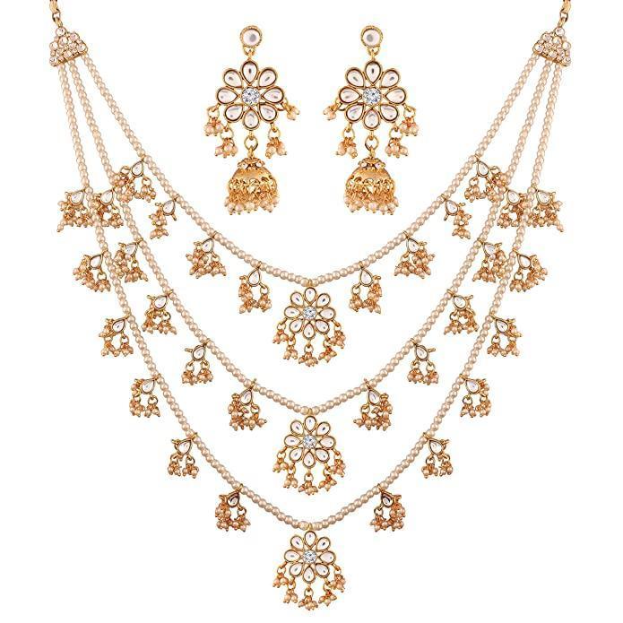 Women's 3 Layered Multi Strand Floral White Kundan & Pearl Beaded Necklace