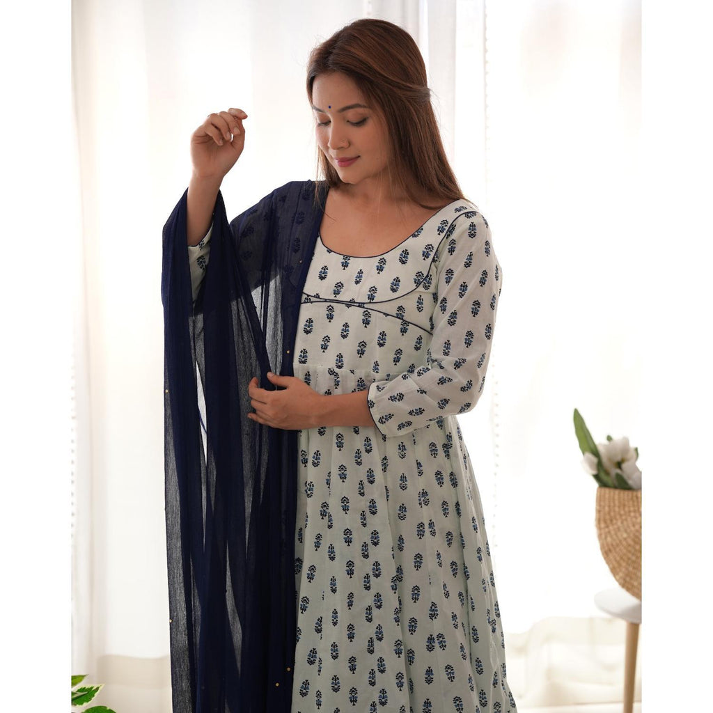 Women's White Handblock Anarkali Palazzo Set With Dupatta