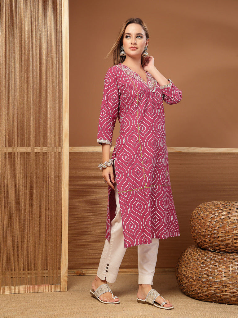 Women's Magenta Bandhej Printed & Embroidered Cotton Straight Kurta