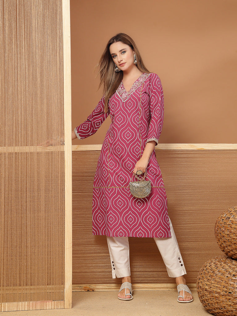 Women's Magenta Bandhej Printed & Embroidered Cotton Straight Kurta