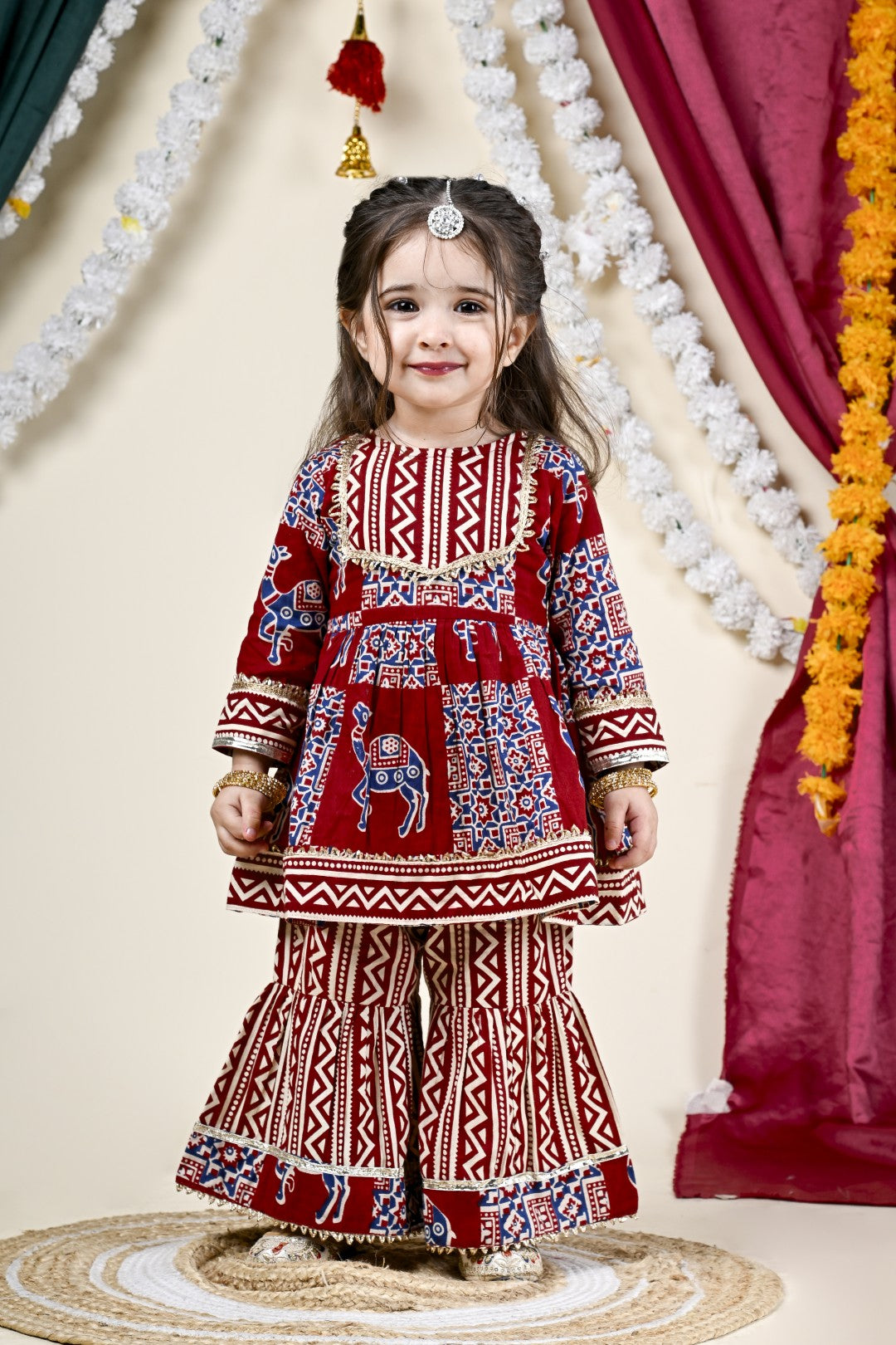 Girl's Brown Cotton All Over Printed Sharara Set
