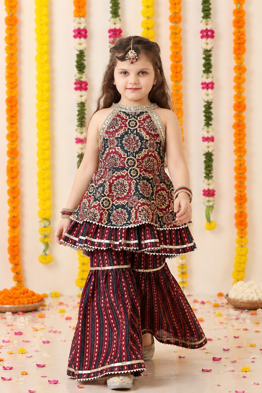 Girl's Burgundy Cotton All Over Printed Sharara Set