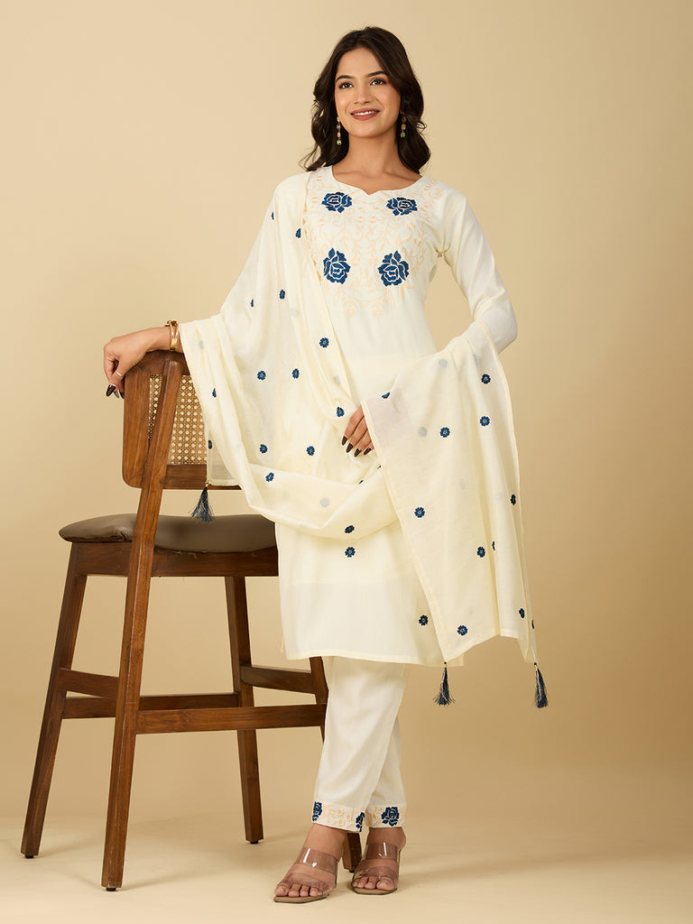 Women's Off White Embroidery Worked Kurta With Pant And Duppata Set