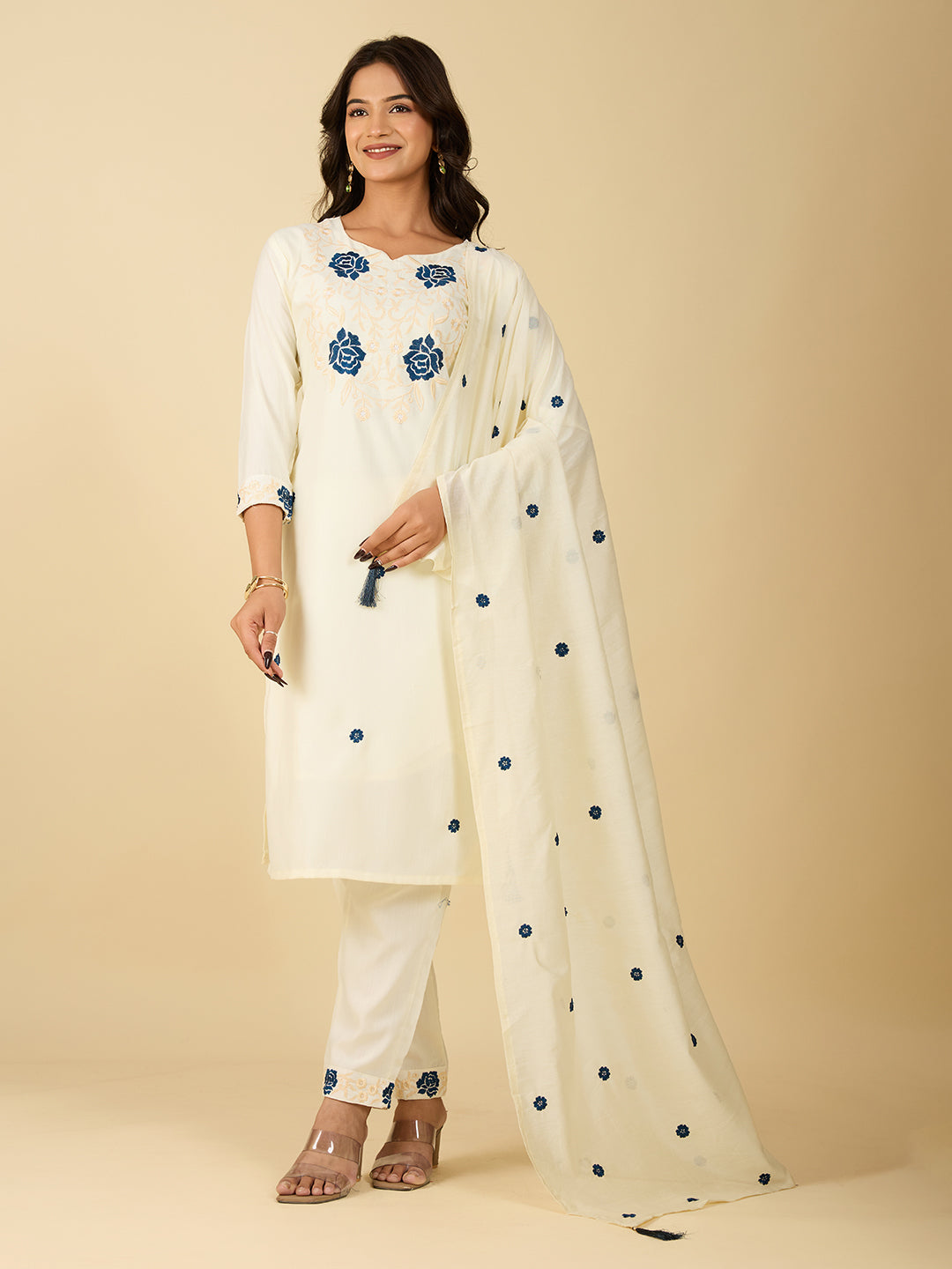 Women's Off White Embroidery Worked Kurta With Pant And Duppata Set