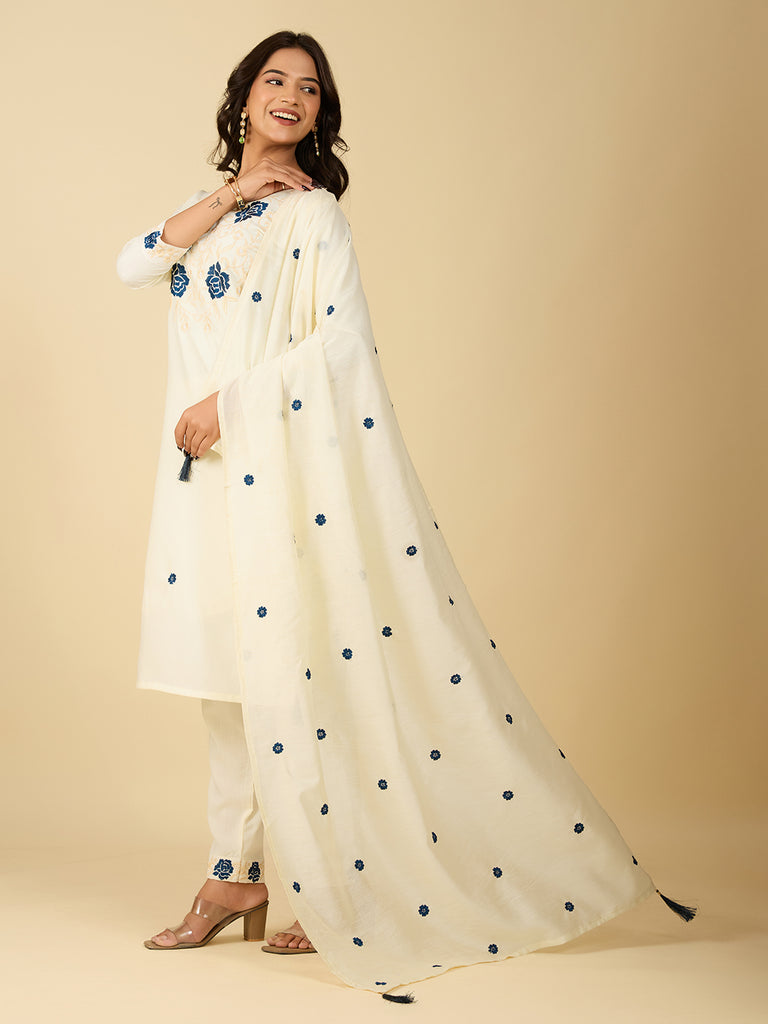 Women's Off White Embroidery Worked Kurta With Pant And Duppata Set