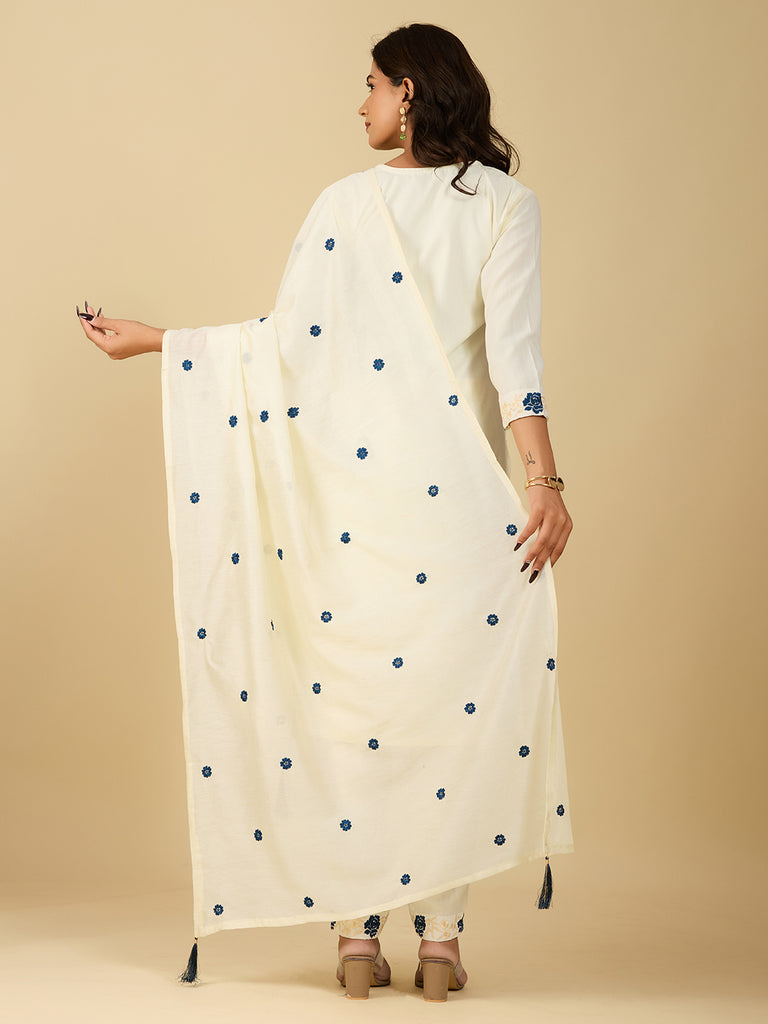 Women's Off White Embroidery Worked Kurta With Pant And Duppata Set