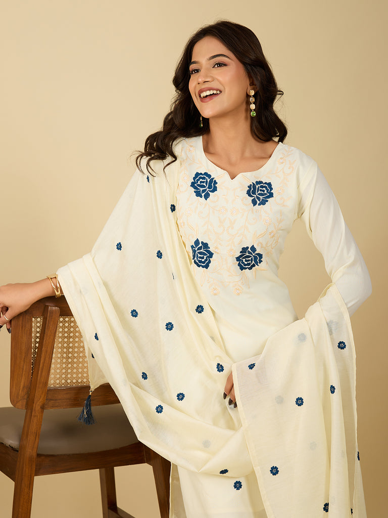 Women's Off White Embroidery Worked Kurta With Pant And Duppata Set
