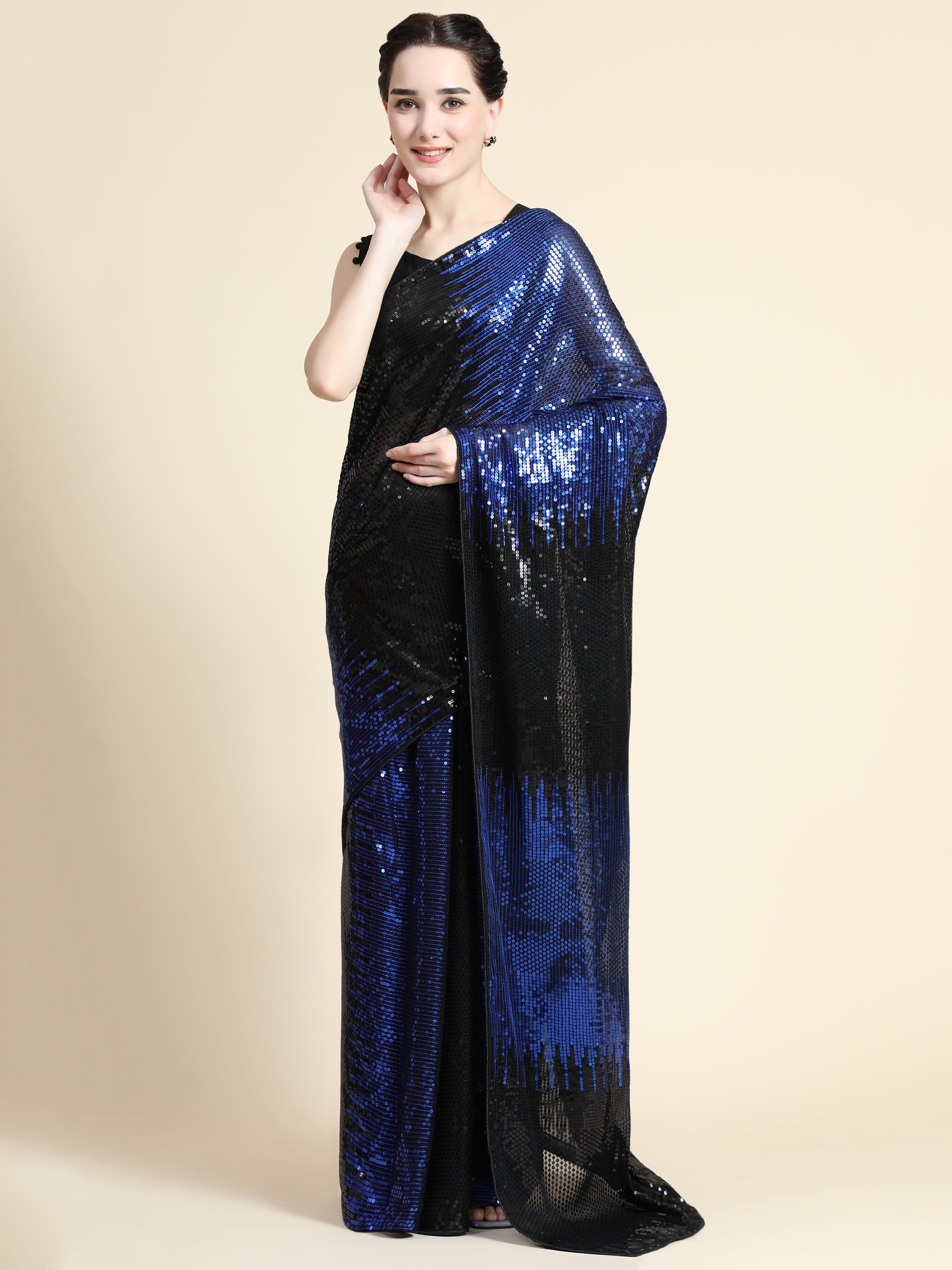 Women's Self Double Sequin All Over Paty Wear Contemporary Georgette Saree With Blouse Piece (Blue) - NIMIDHYA