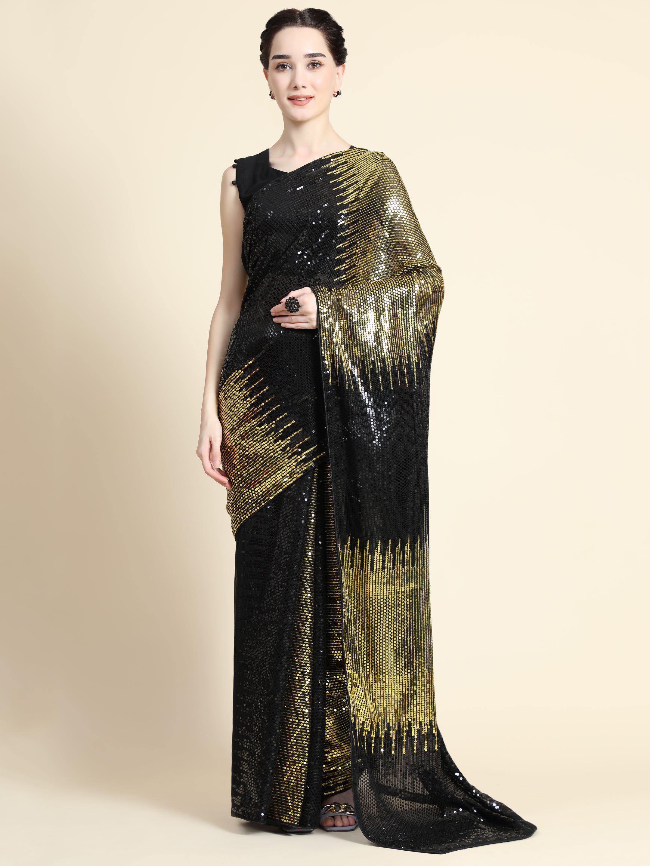 Women's Self Double Sequin All Over Paty Wear Contemporary Georgette Saree With Blouse Piece (Golden) - NIMIDHYA