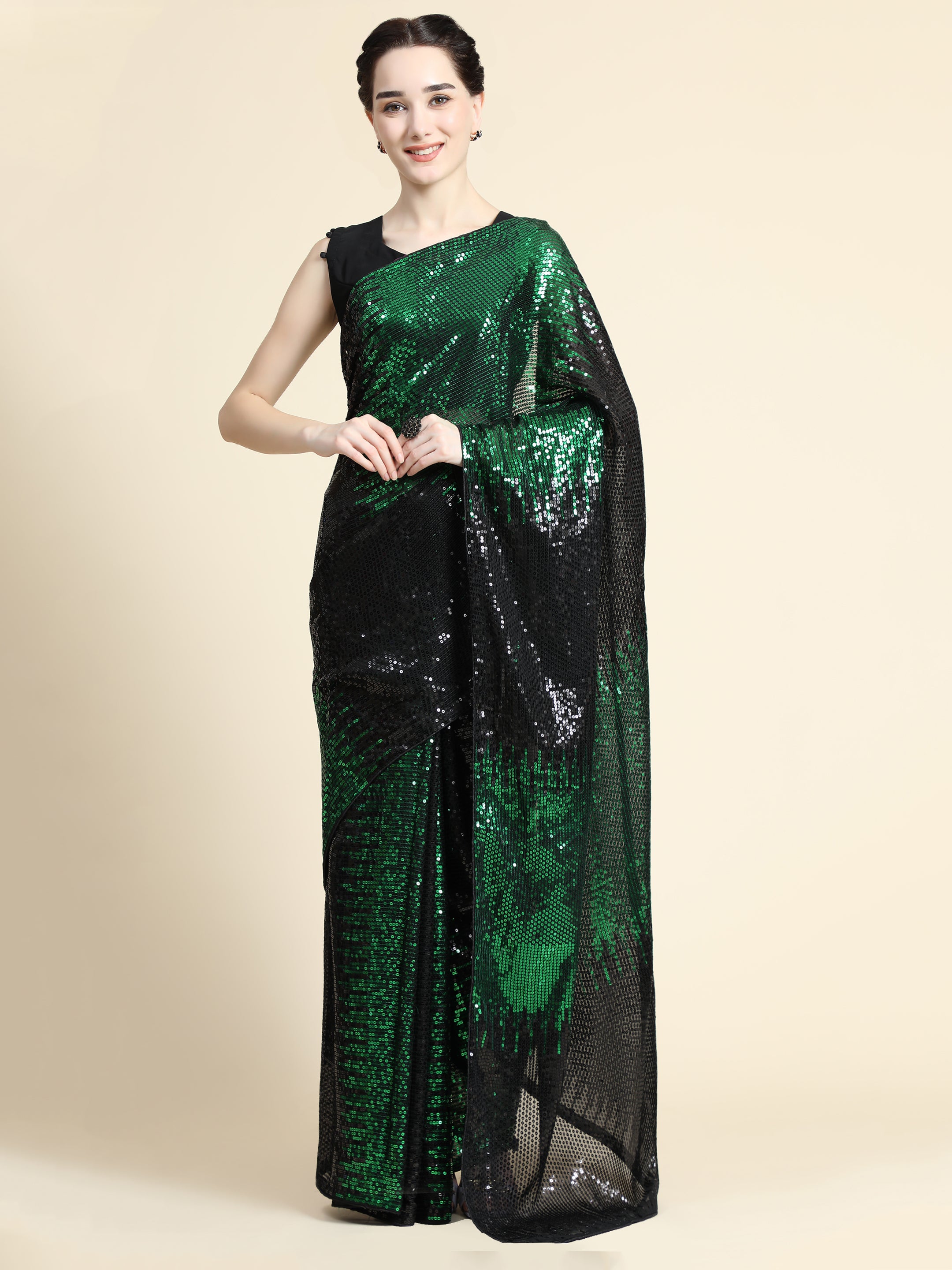 Women's Self Double Sequin All Over Paty Wear Contemporary Georgette Saree With Blouse Piece (Green) - NIMIDHYA