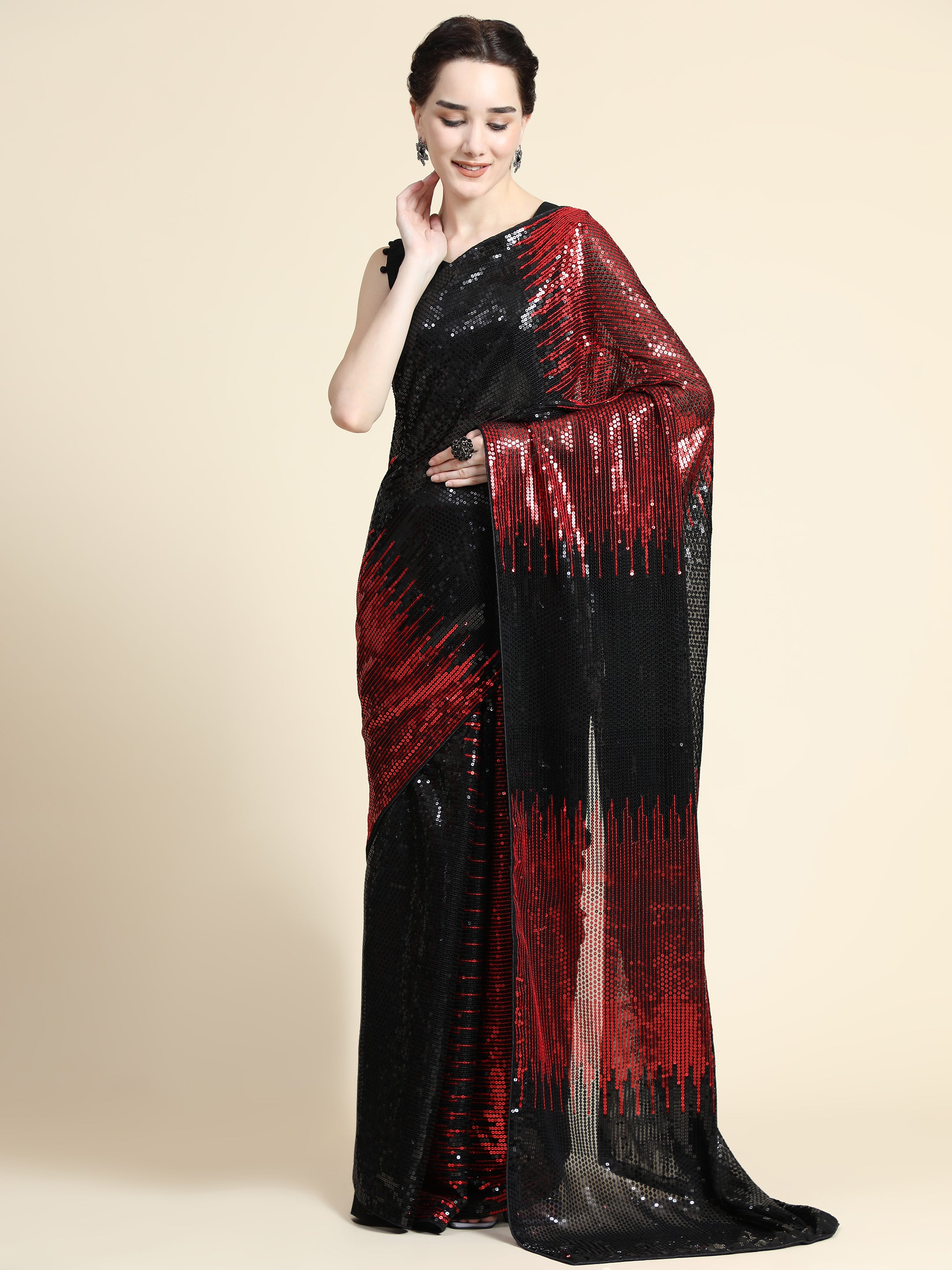 Women's Self Double Sequin All Over Paty Wear Contemporary Georgette Saree With Blouse Piece (Red) - NIMIDHYA