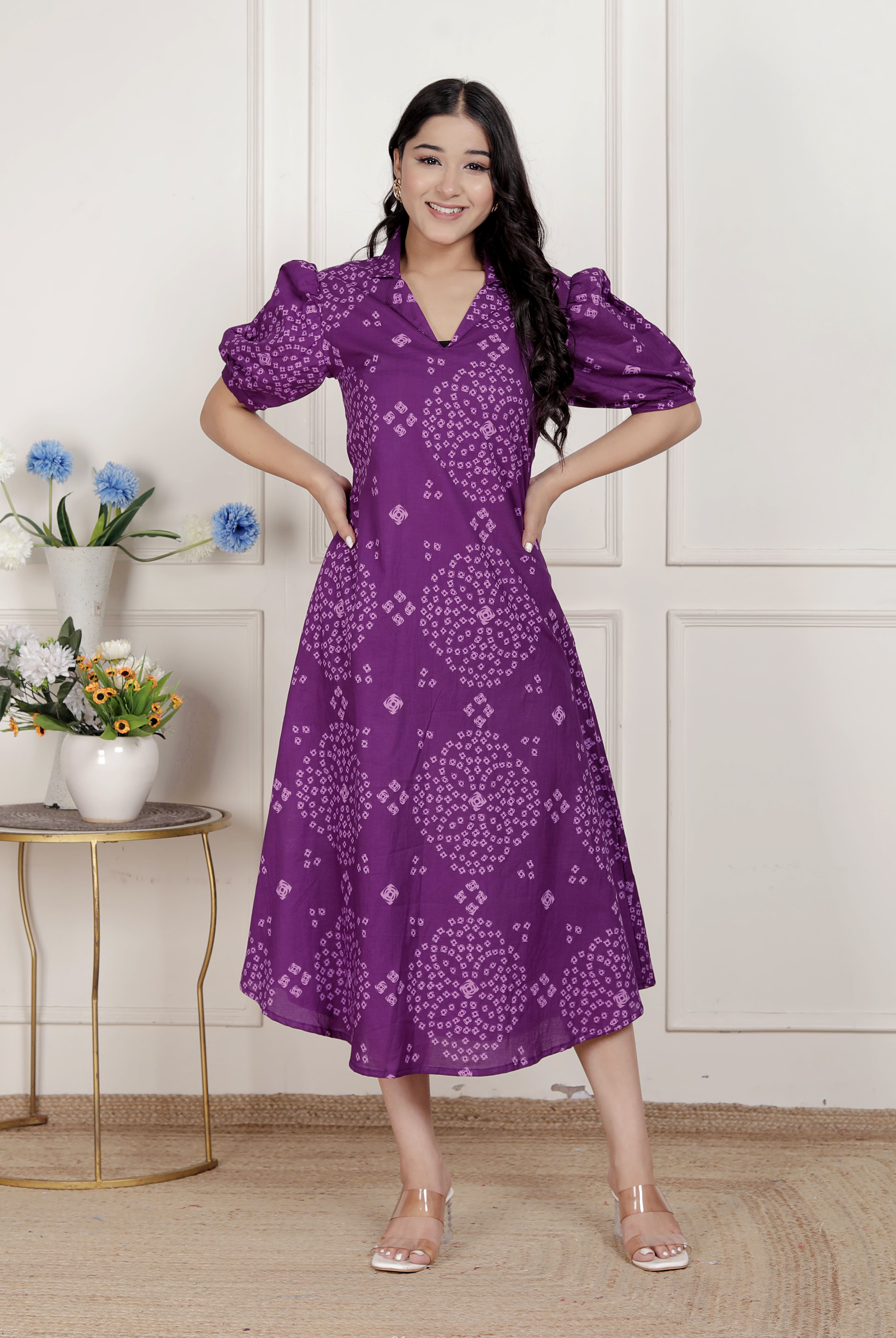 Women's Purple Cotton Bandhani Dress, Purple / S