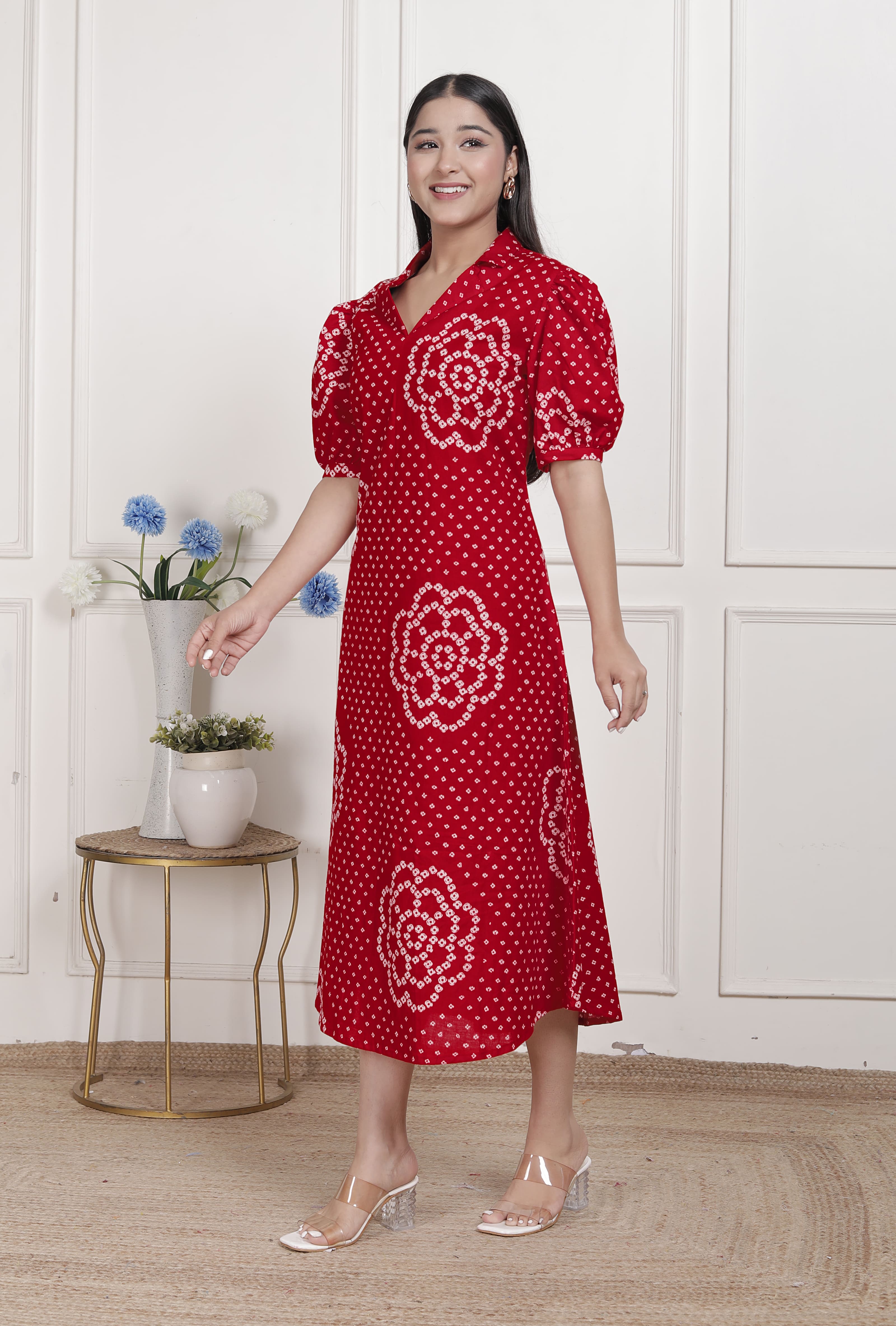 Women's Red Cotton Bandhani Dress Red / S