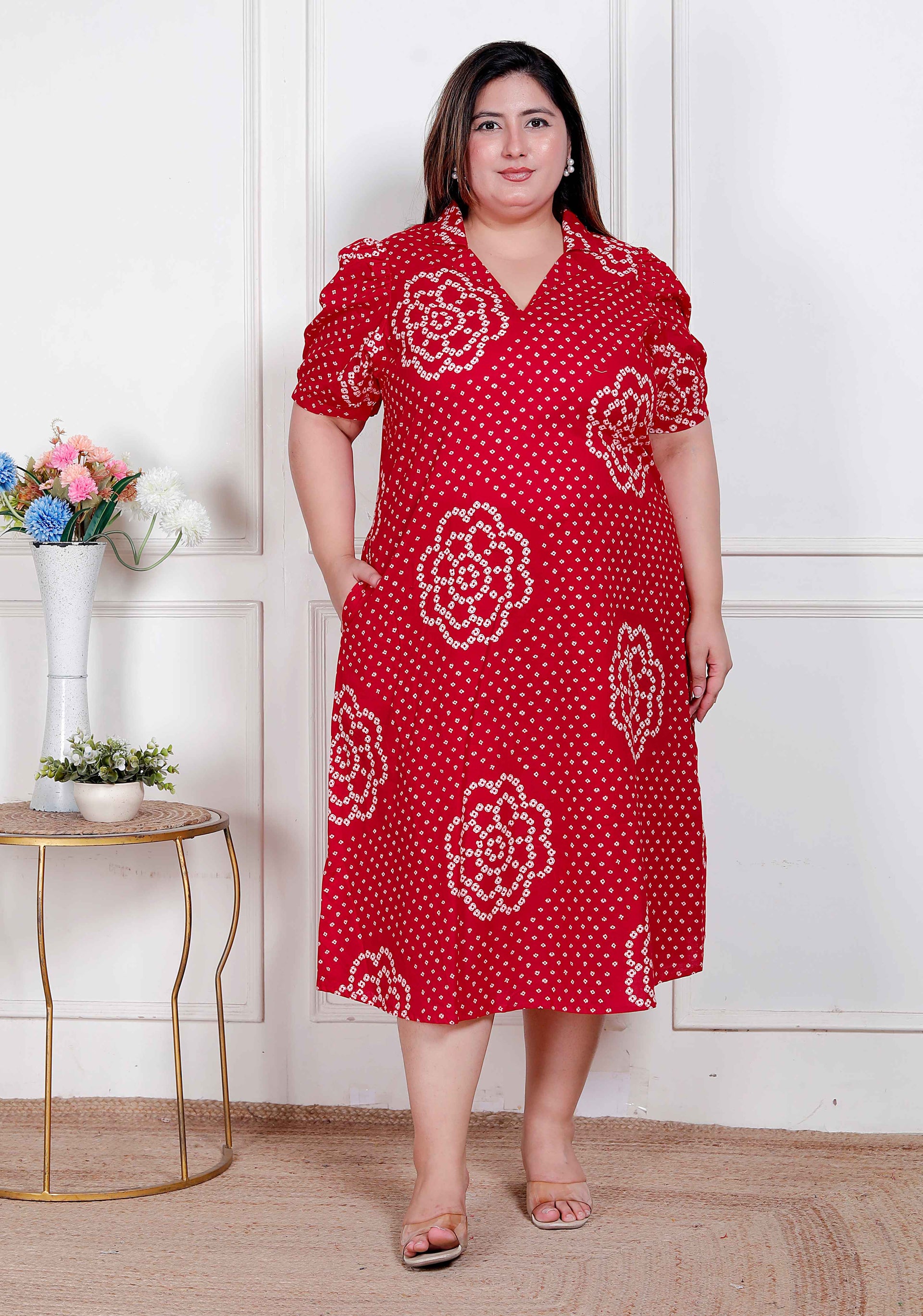 Women's Red Cotton Bandhani Dress Red / M