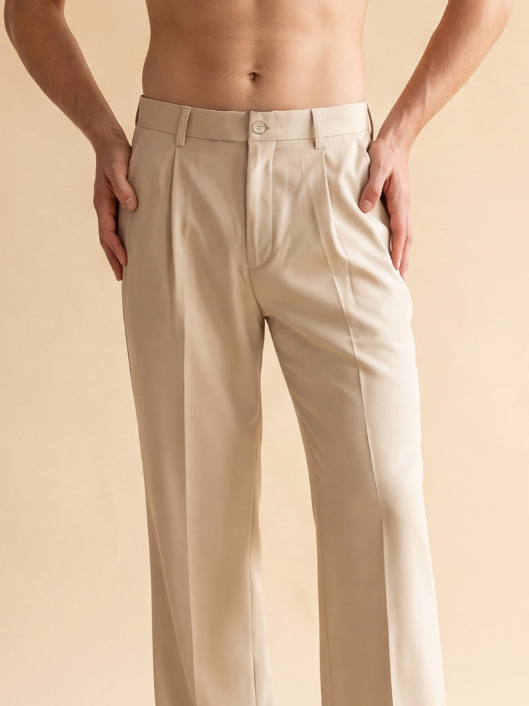 Men's Cream Modal Pleated Straight Trouser