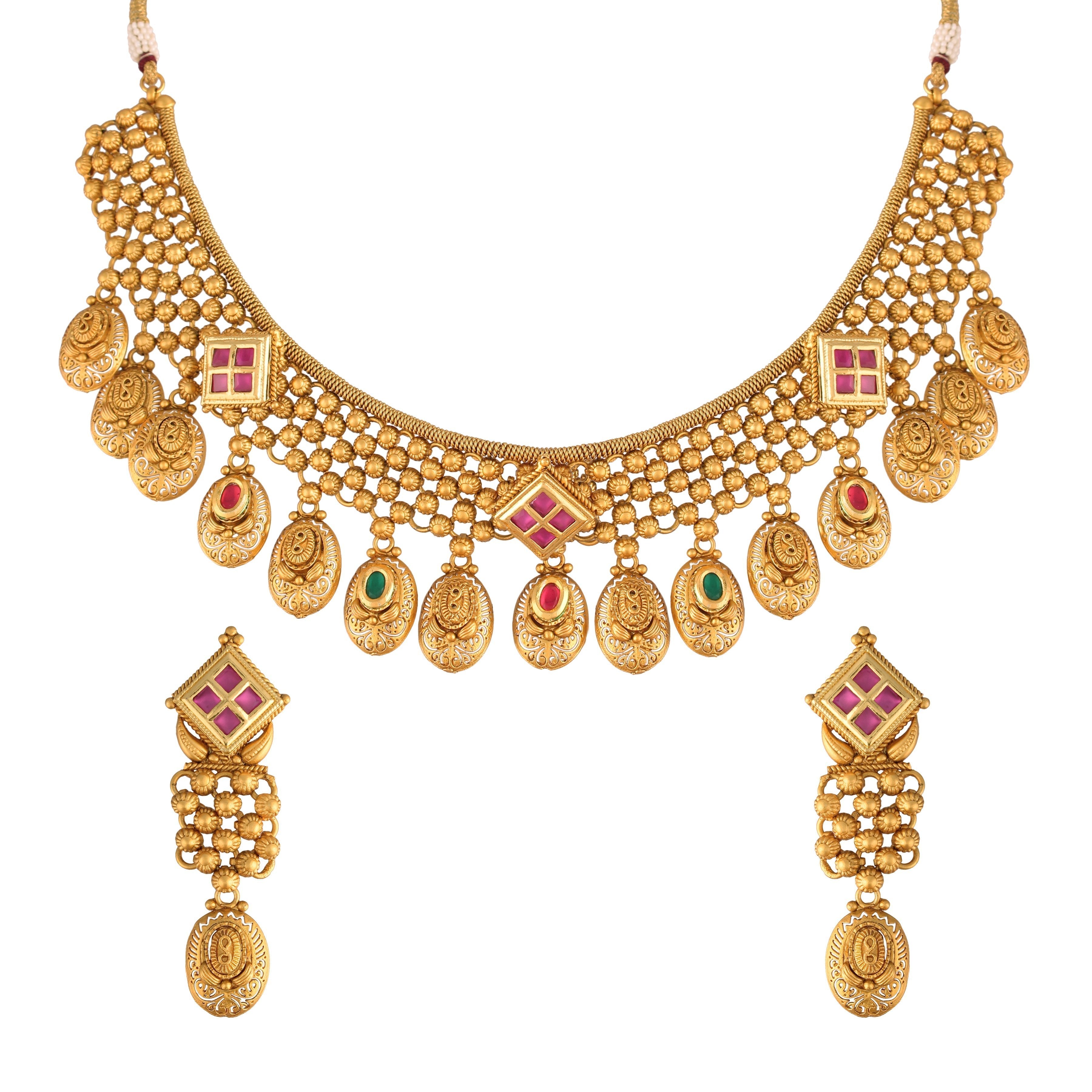 Women's 18K Gold Plated Traditional Brass Jewellery Set Glided with Uncut Polki Kundan
