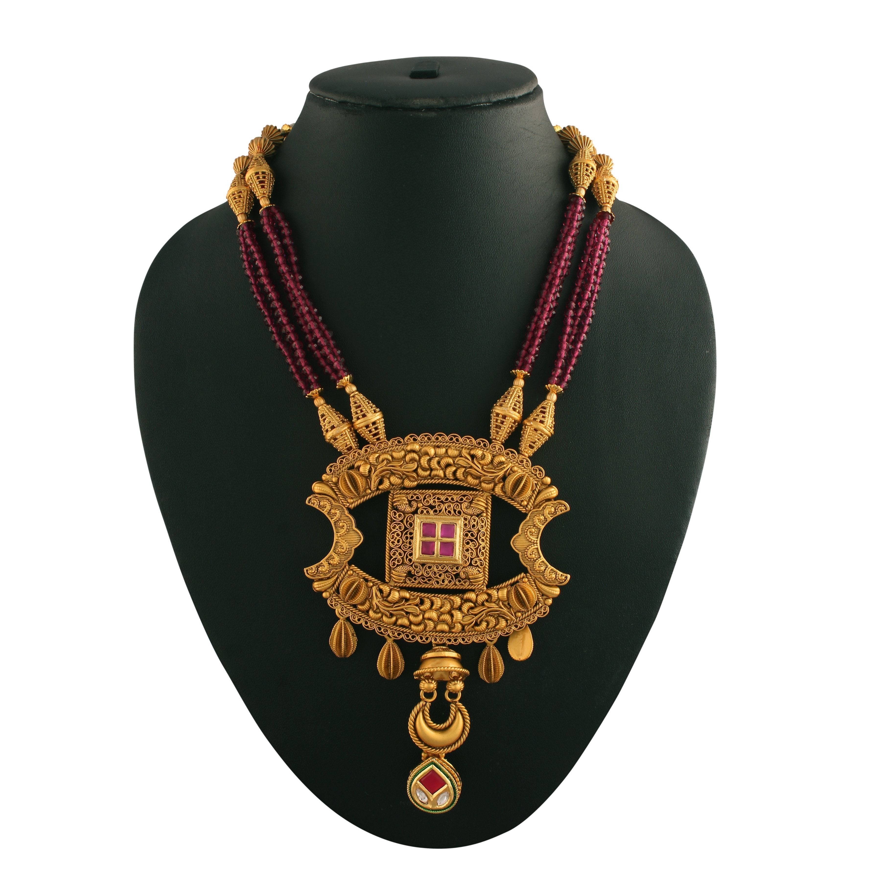Women's 18K Gold Plated Traditional Long Beaded Brass Jewellery Set with Uncut Polki Kundan