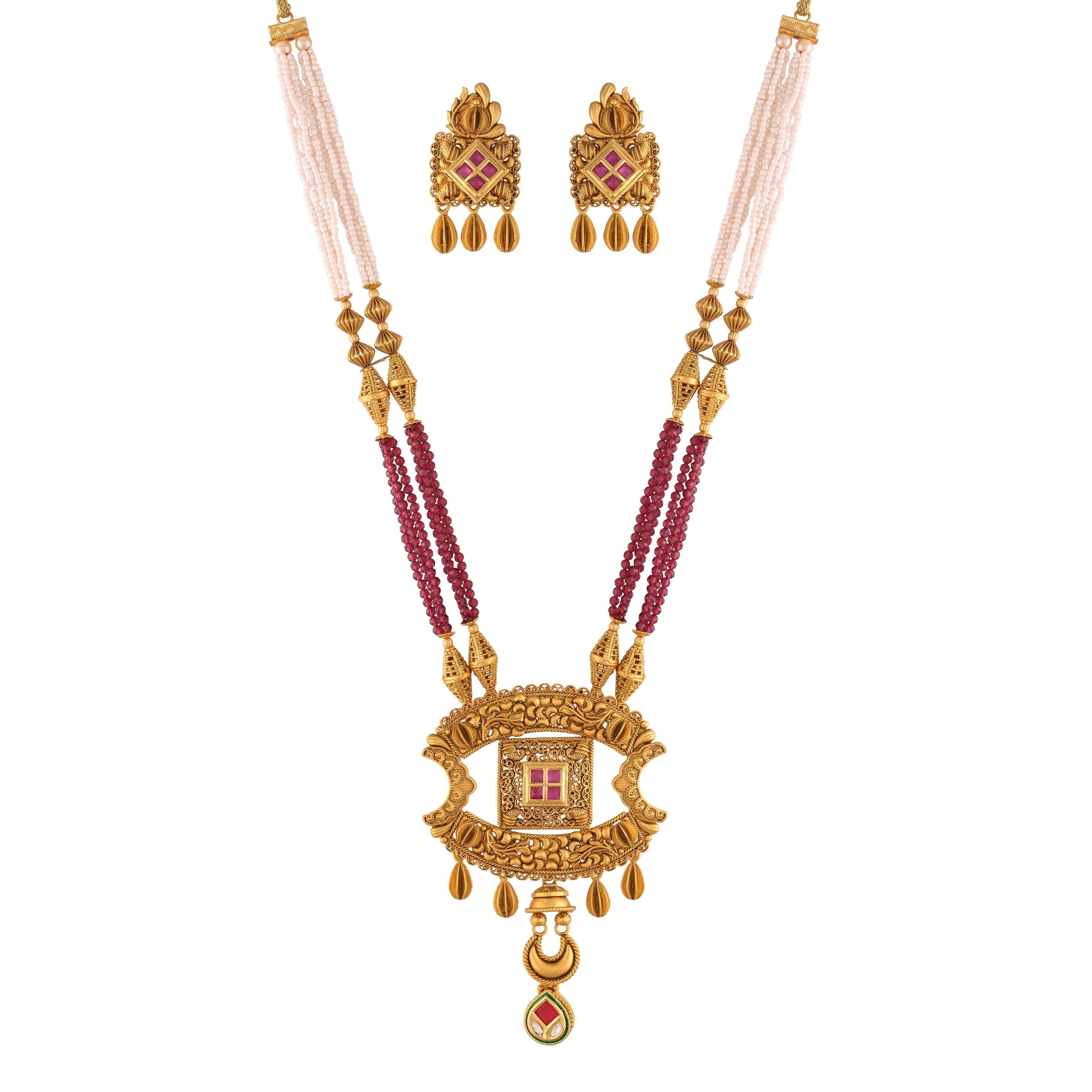Women's 18K Gold Plated Traditional Long Beaded Brass Jewellery Set with Uncut Polki Kundan