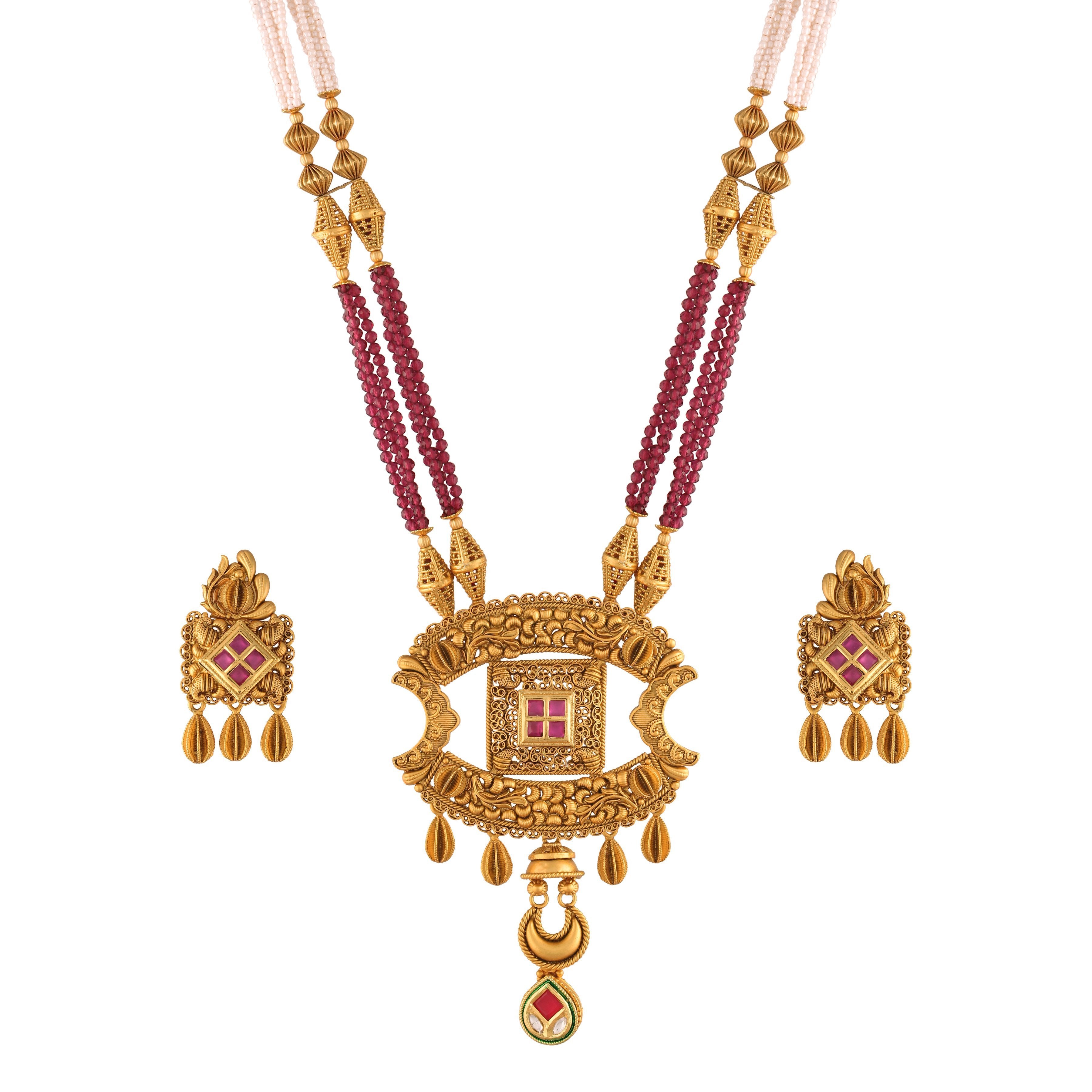 Women's 18K Gold Plated Traditional Long Beaded Brass Jewellery Set with Uncut Polki Kundan
