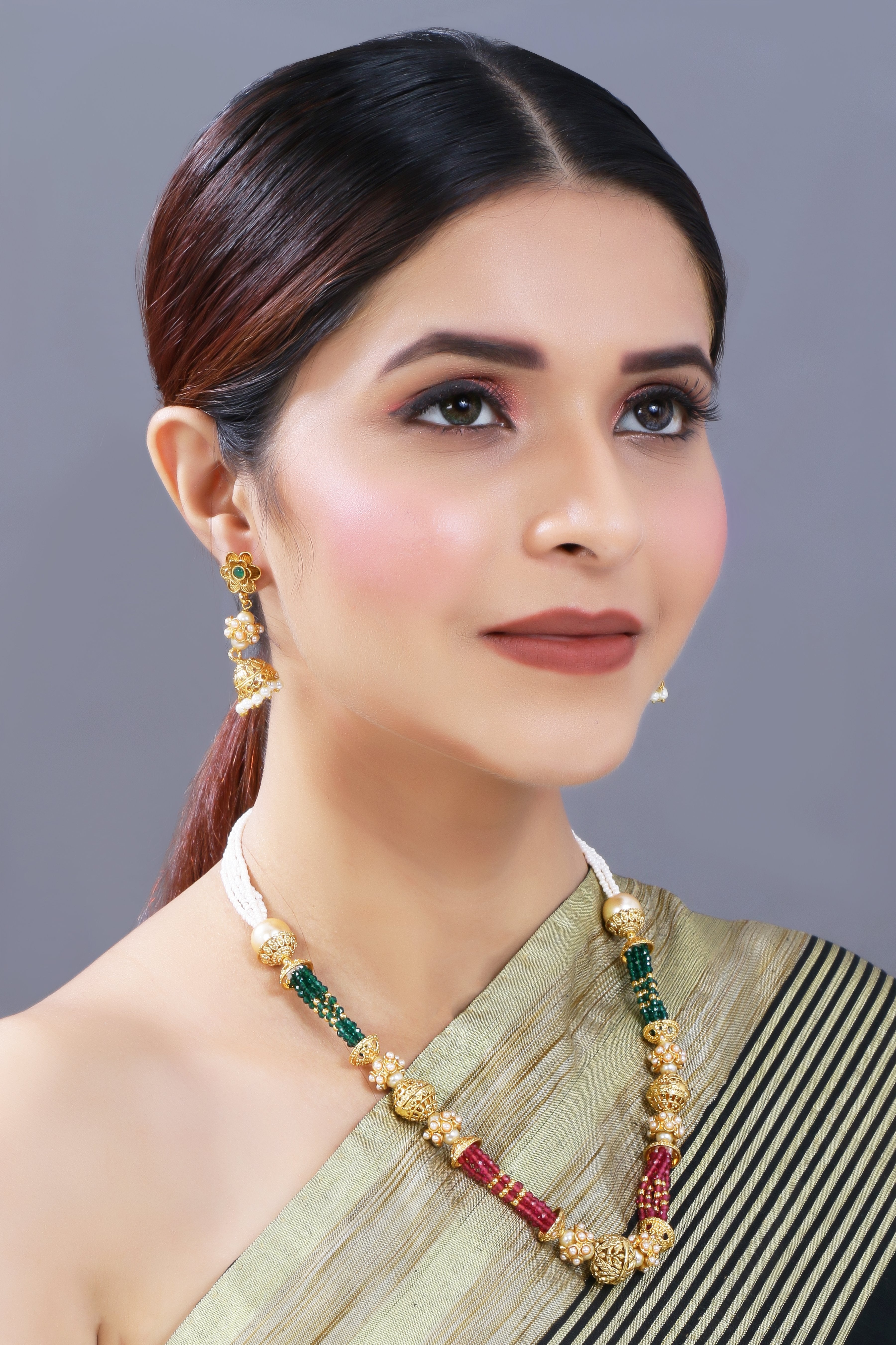 Women's 18K Gold Plated Long Emerald Green Multi String Brass Necklace Set With Earrings