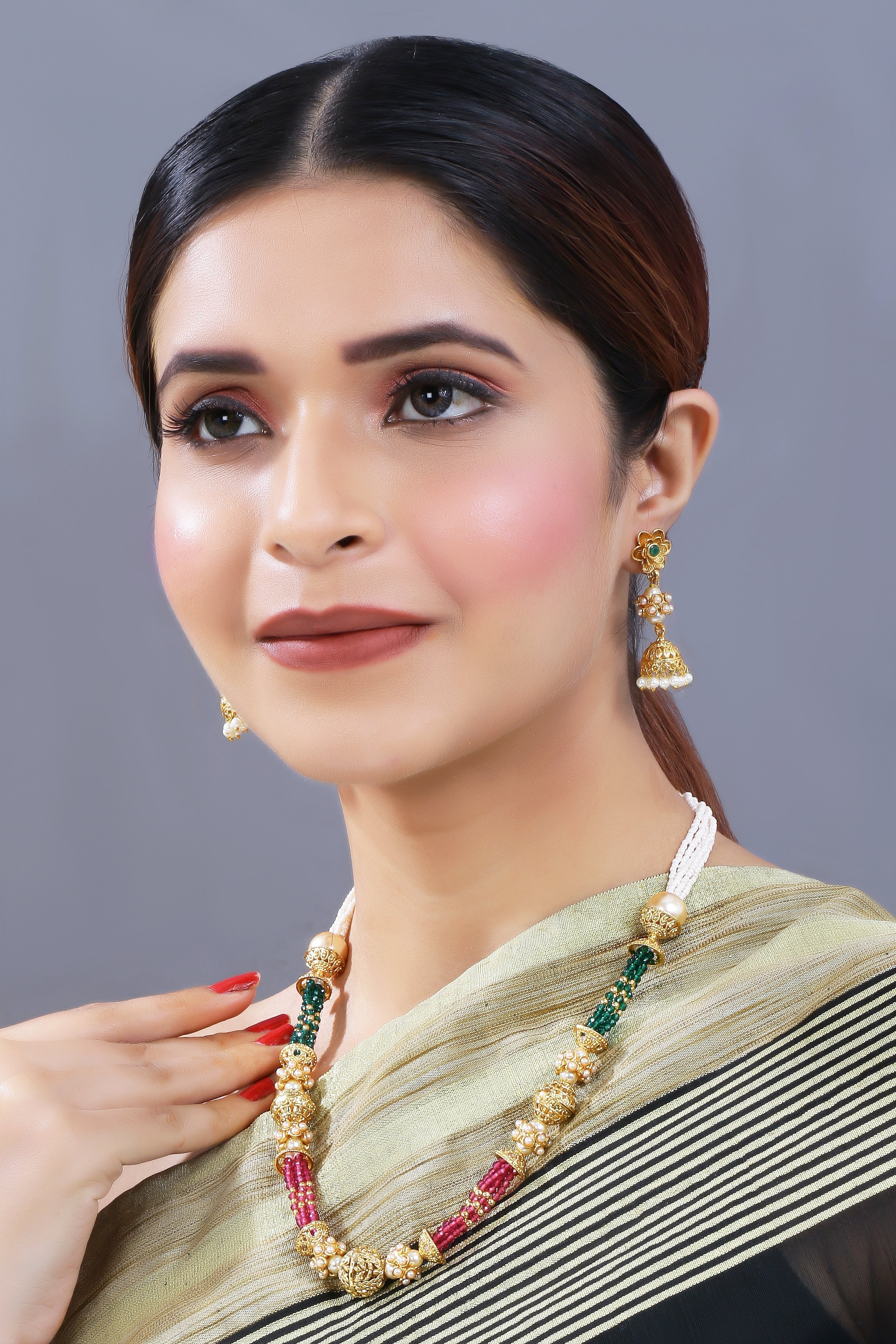 Women's 18K Gold Plated Long Emerald Green Multi String Brass Necklace Set With Earrings
