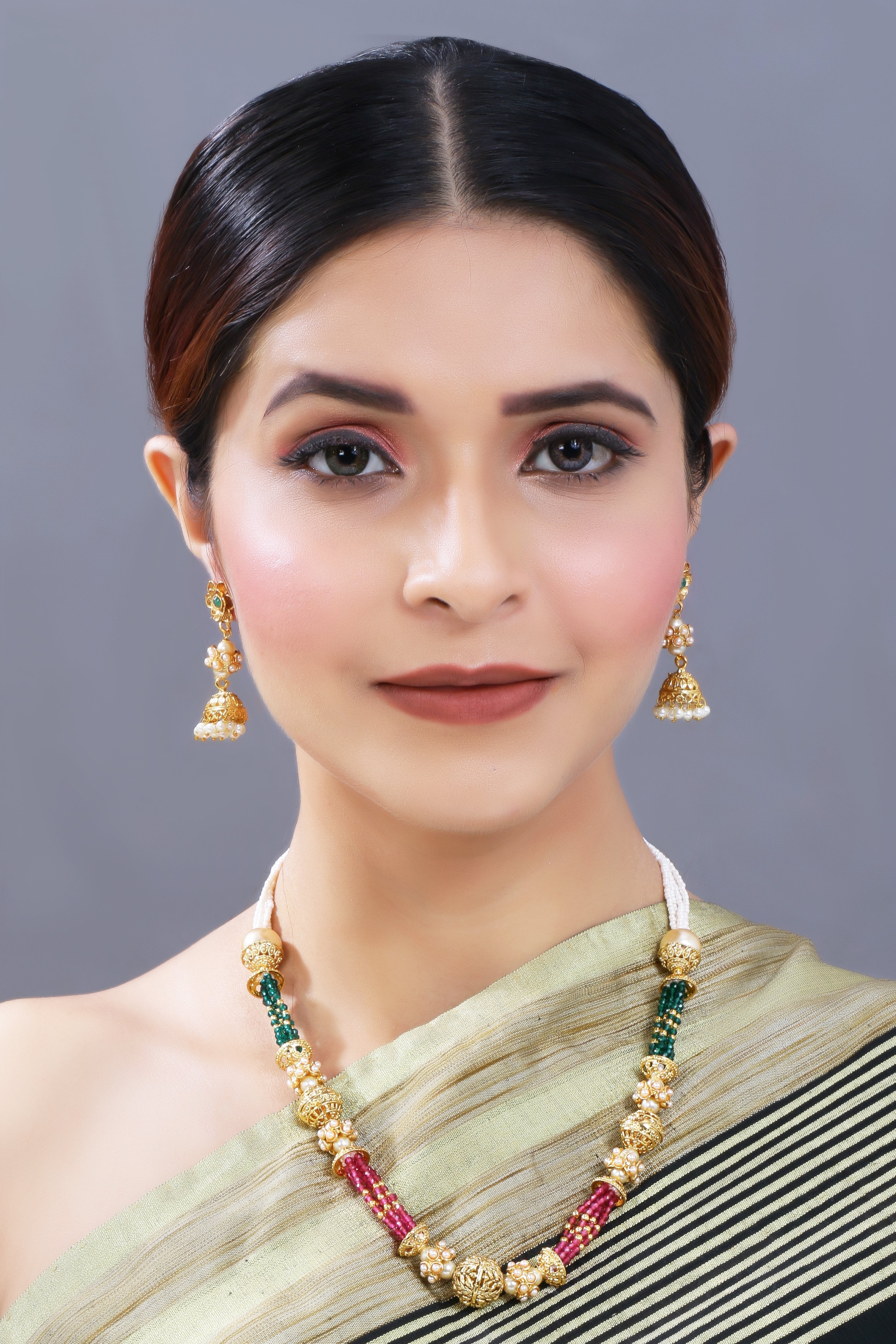 Women's 18K Gold Plated Long Emerald Green Multi String Brass Necklace Set With Earrings
