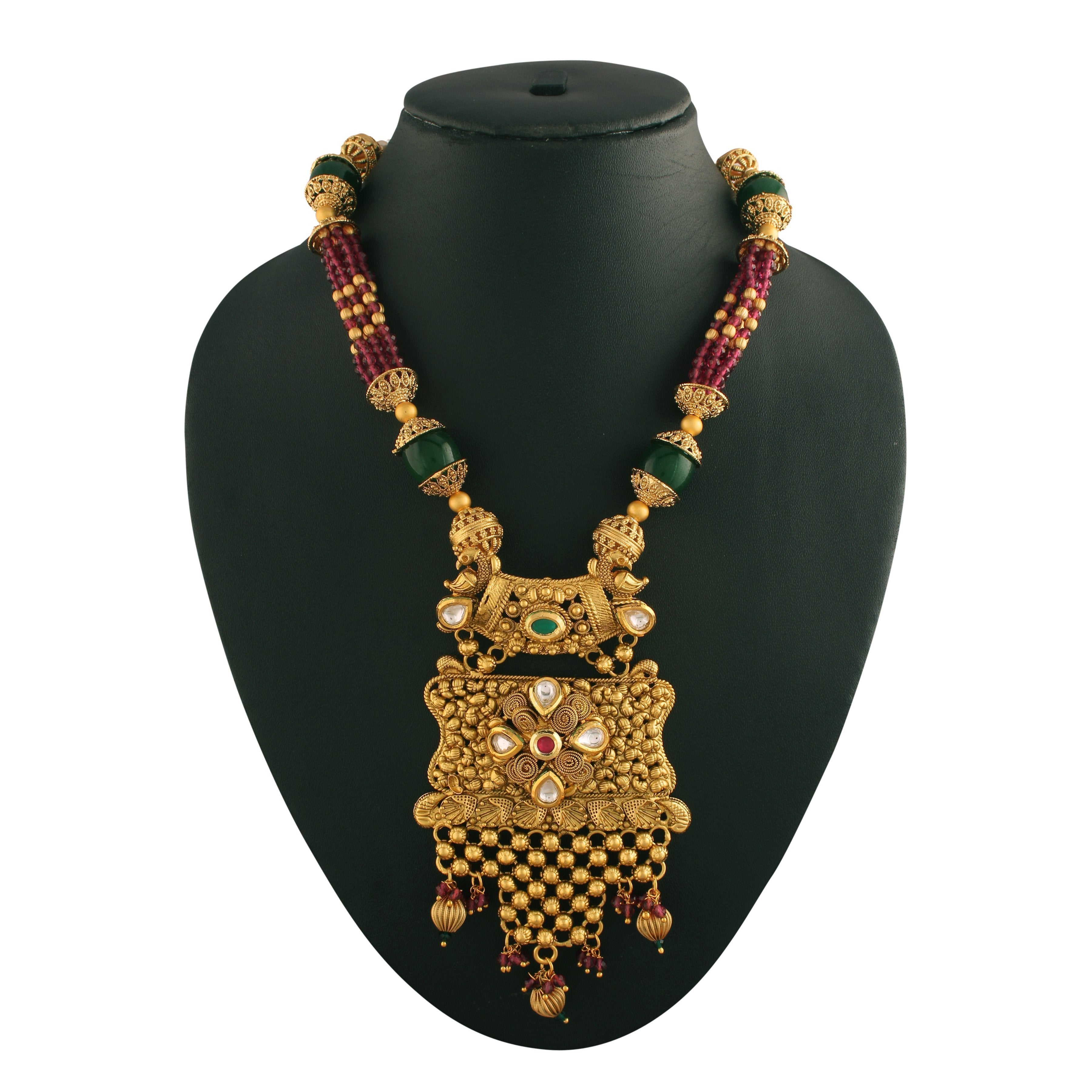 Women's 18K Gold Plated Traditional Long Beaded Brass Jewellery Set with Uncut Polki Kundan
