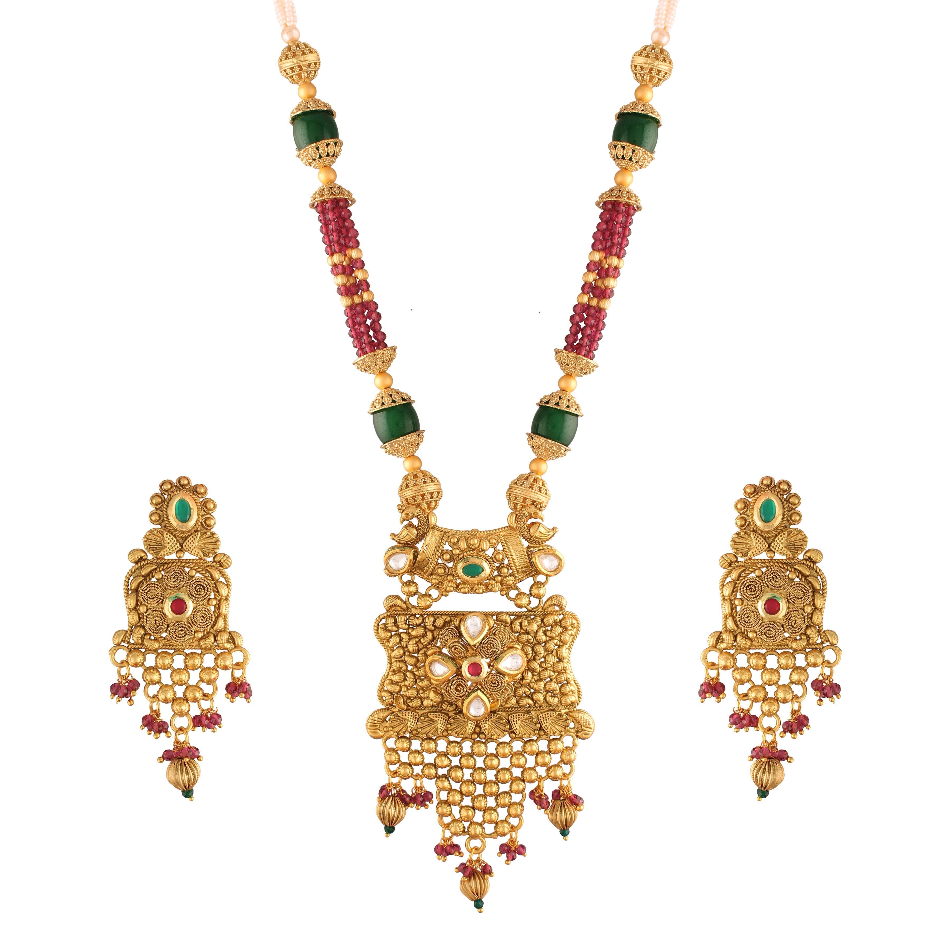 Women's 18K Gold Plated Traditional Long Beaded Brass Jewellery Set with Uncut Polki Kundan