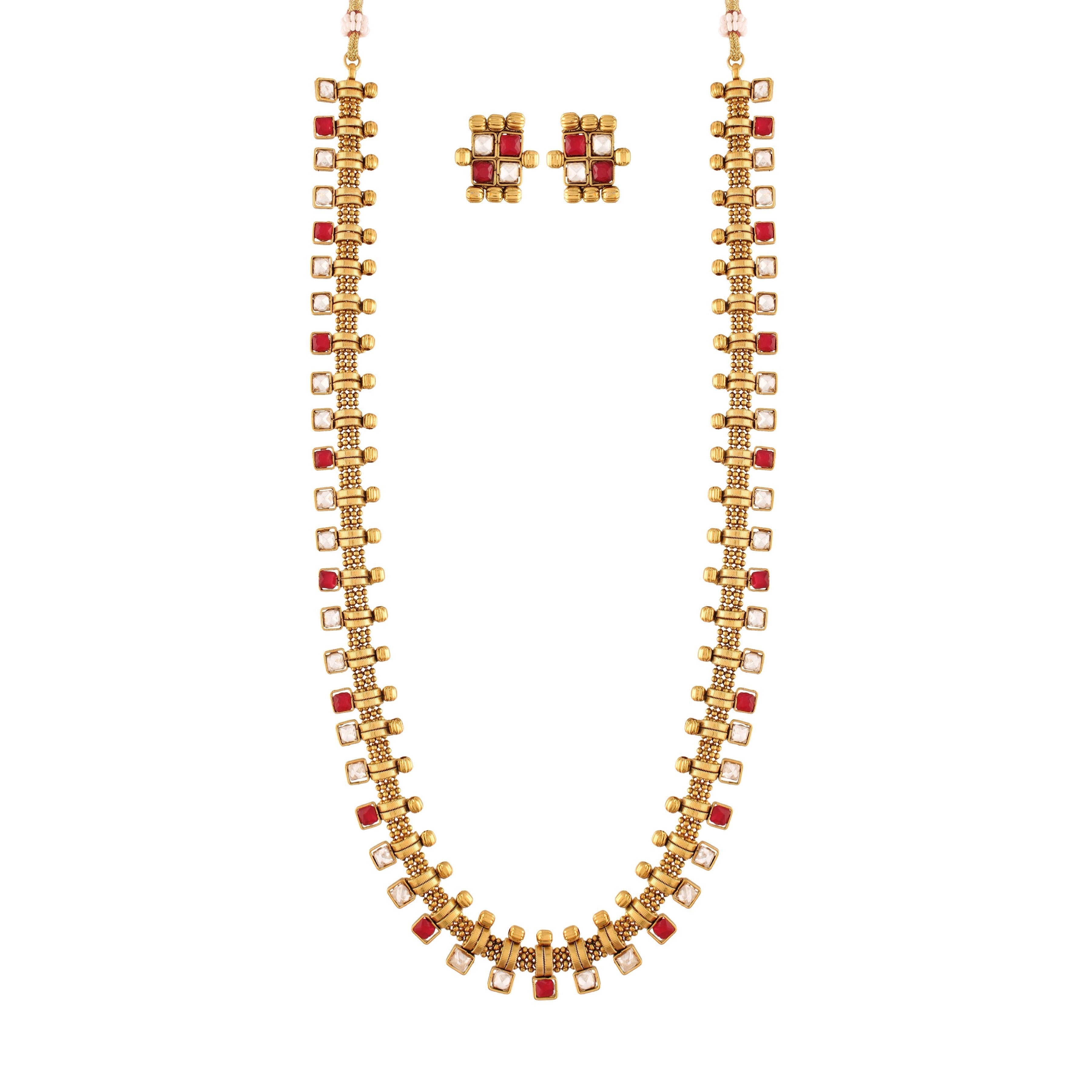 Women's 18K Gold Plated Multicolour Stone Work Long Necklace With Earrings For Women & Girls