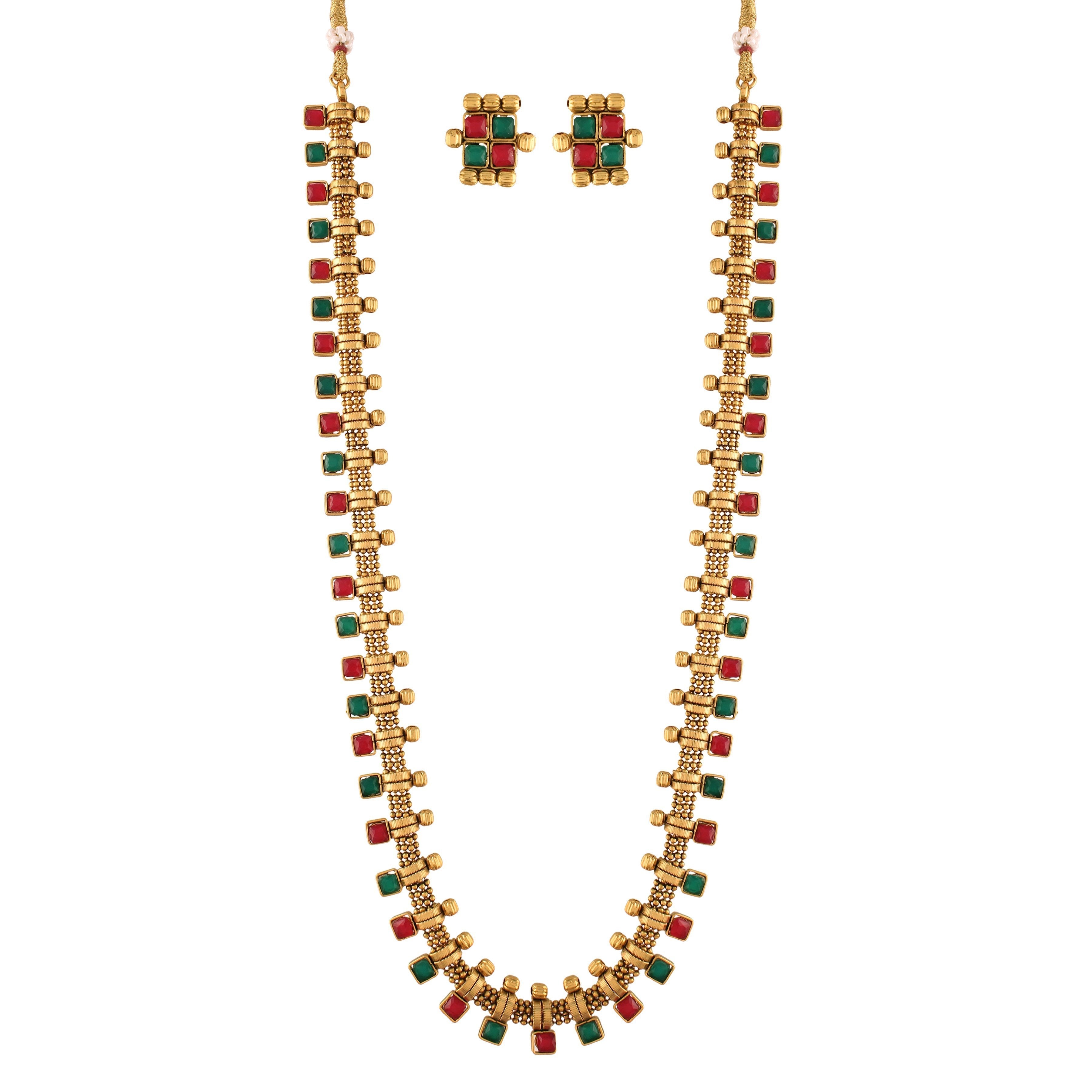 Women's 18K Gold Plated Multicolour Stone Work Long Necklace With Earrings For Women & Girls