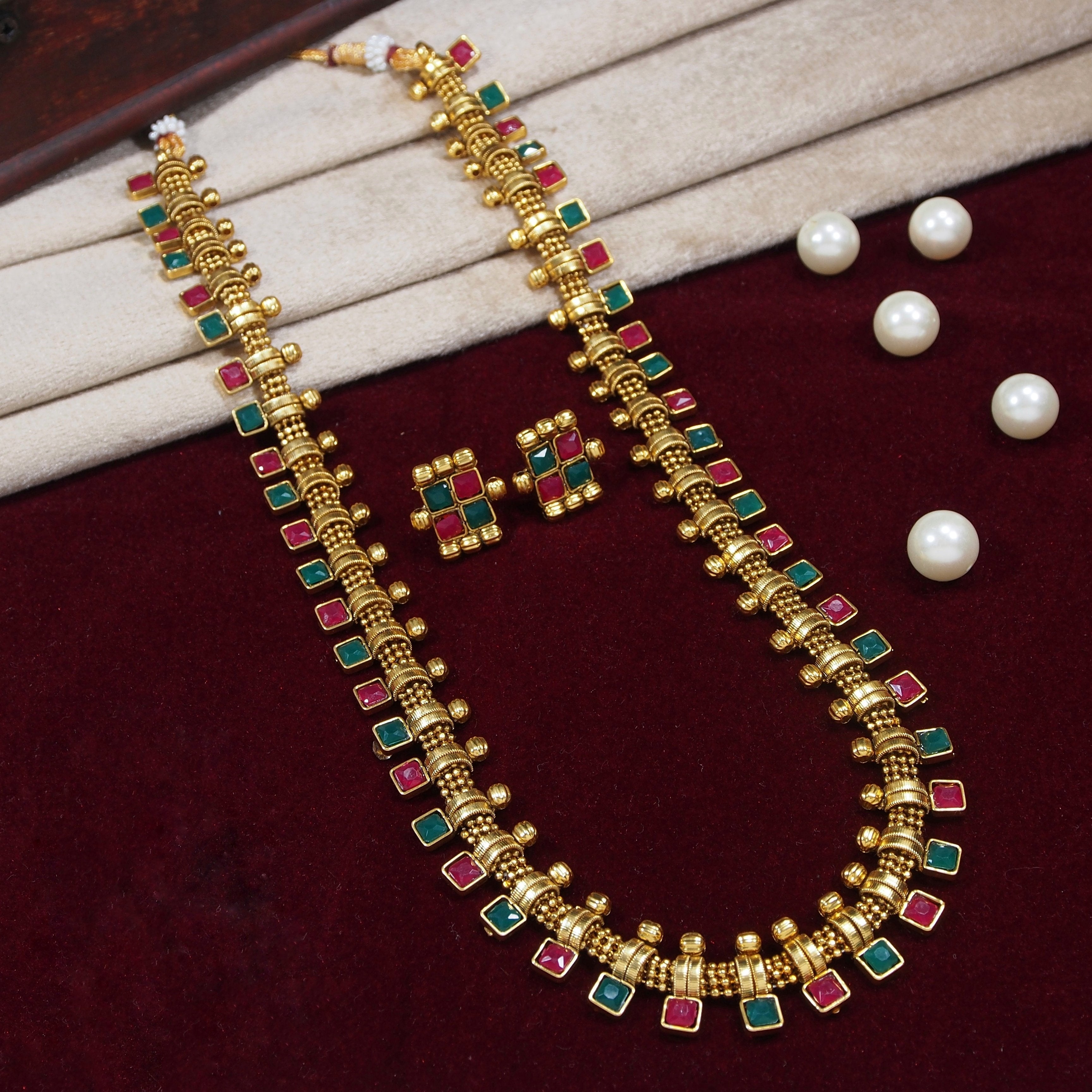 Women's 18K Gold Plated Multicolour Stone Work Long Necklace With Earrings For Women & Girls