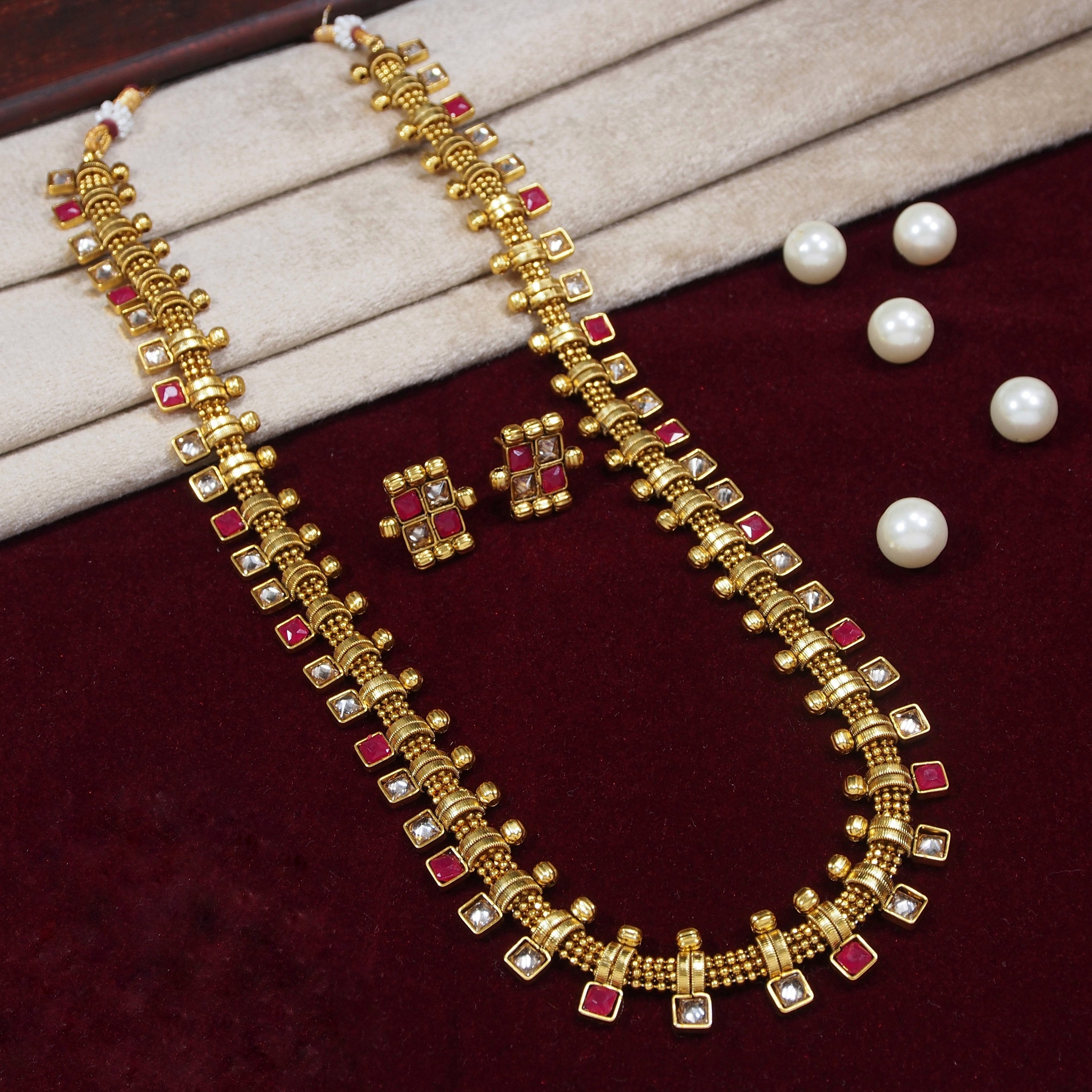 Women's 18K Gold Plated Multicolour Stone Work Long Necklace With Earrings For Women & Girls