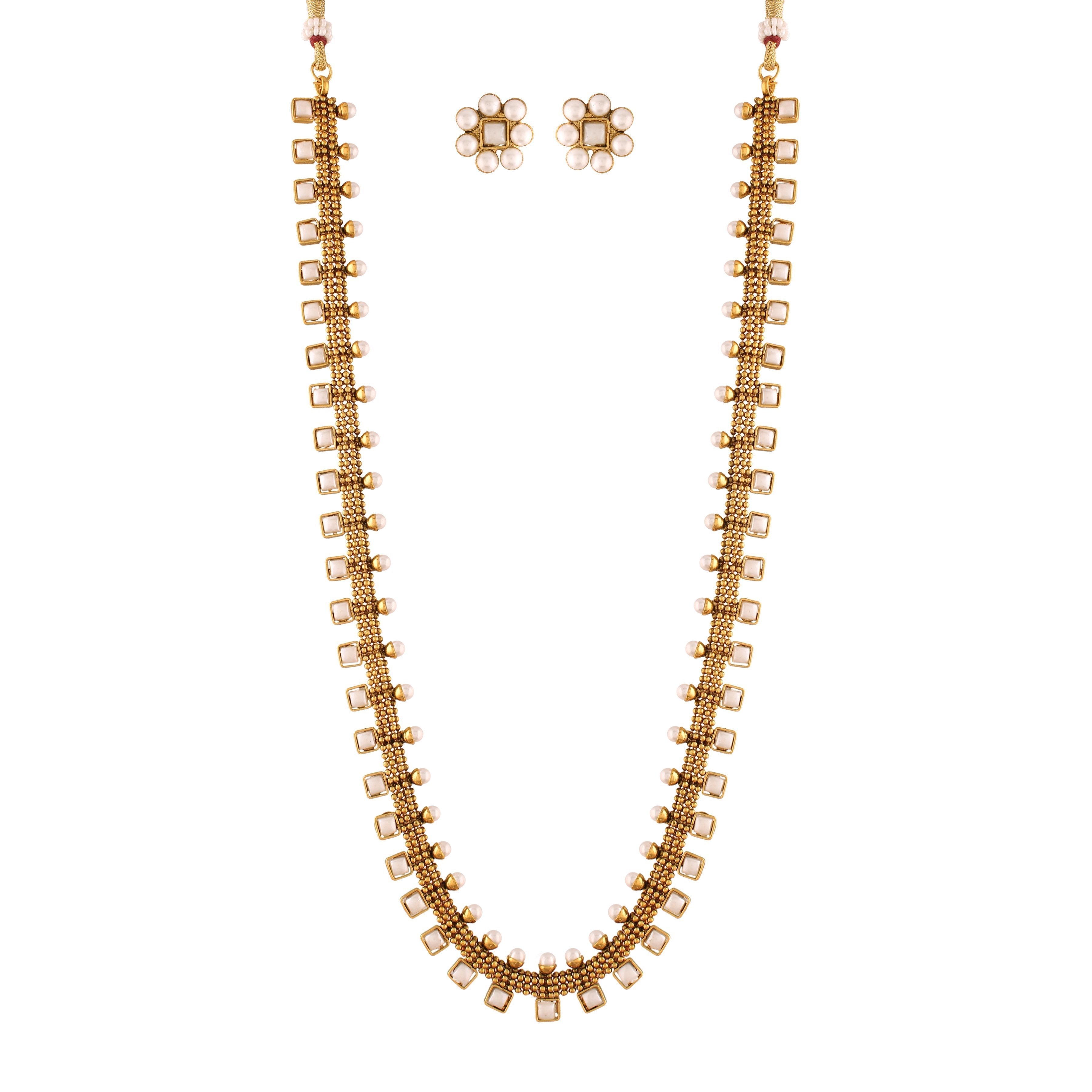 Women's 18K Gold Plated Multicolour Stone Work Long Necklace With Earrings For Women & Girls