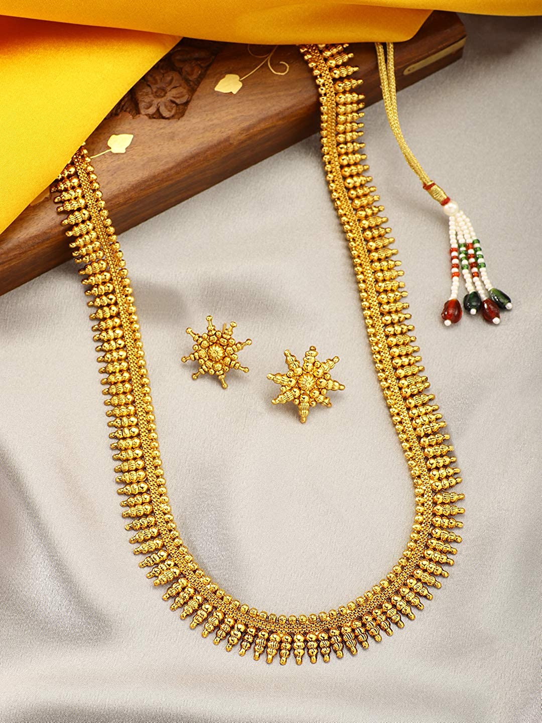 Women's 18K Gold Plated Golden Leaf work Necklace With Earrings For Women & Girls