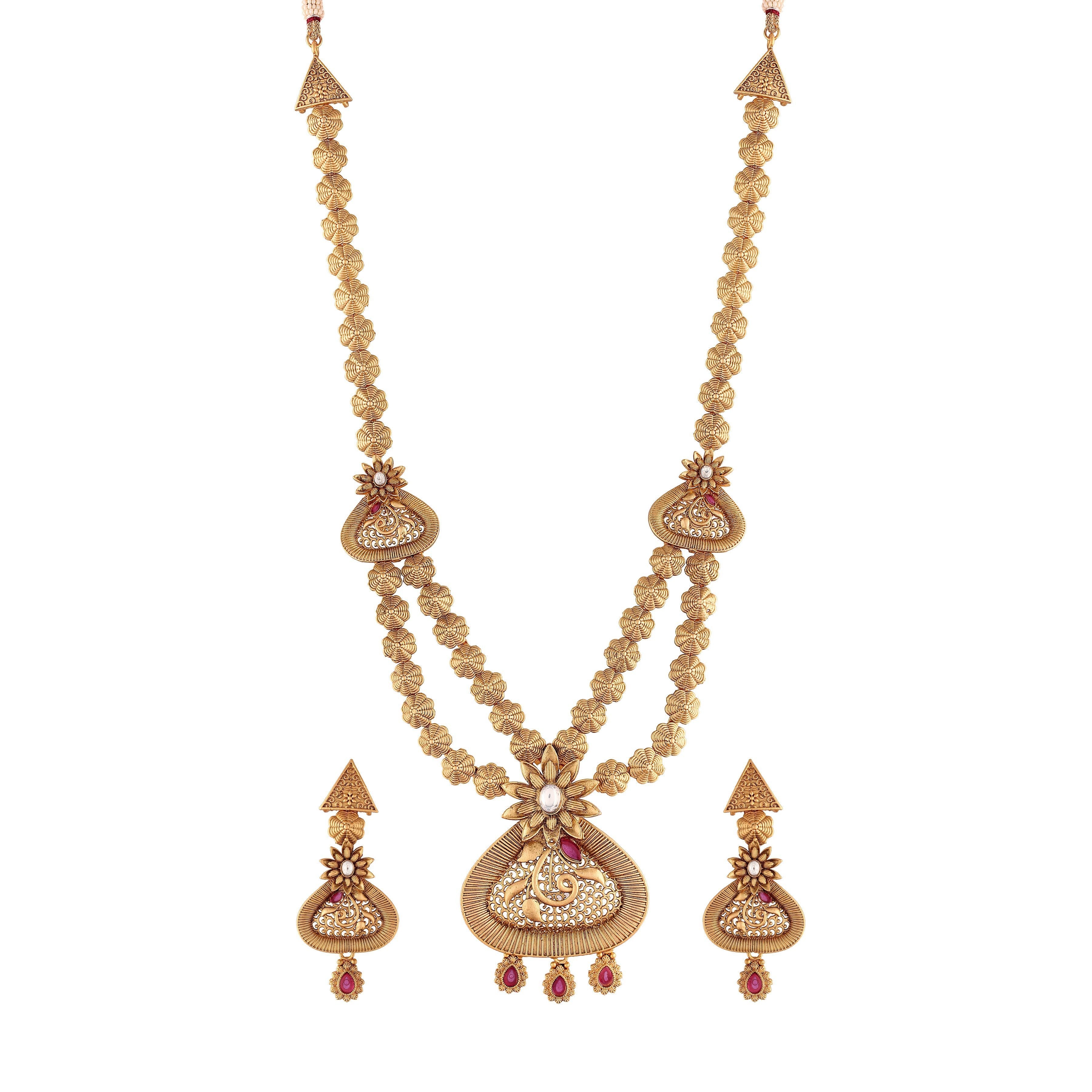 Women's 18k Gold Plated Traditional Long Brass Jewellery Set With Earrings