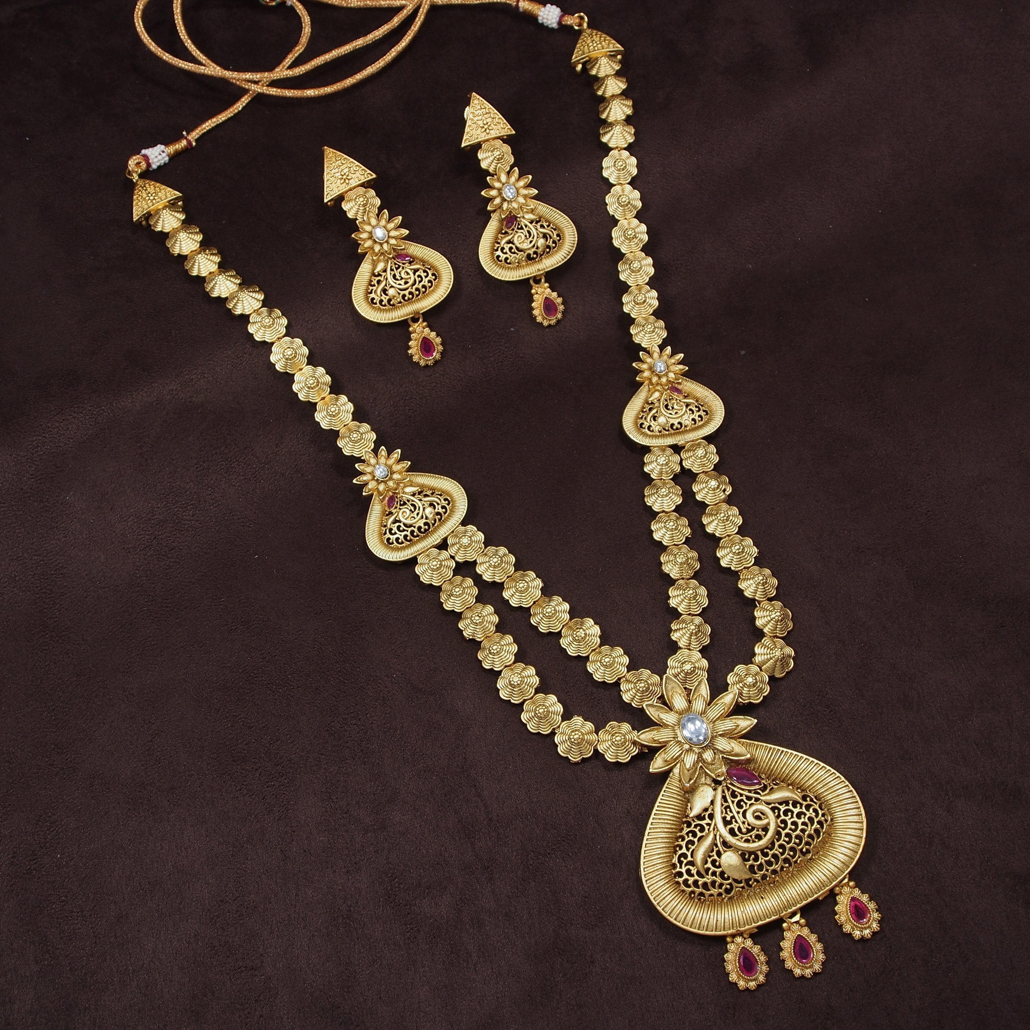 Women's 18k Gold Plated Traditional Long Brass Jewellery Set With Earrings