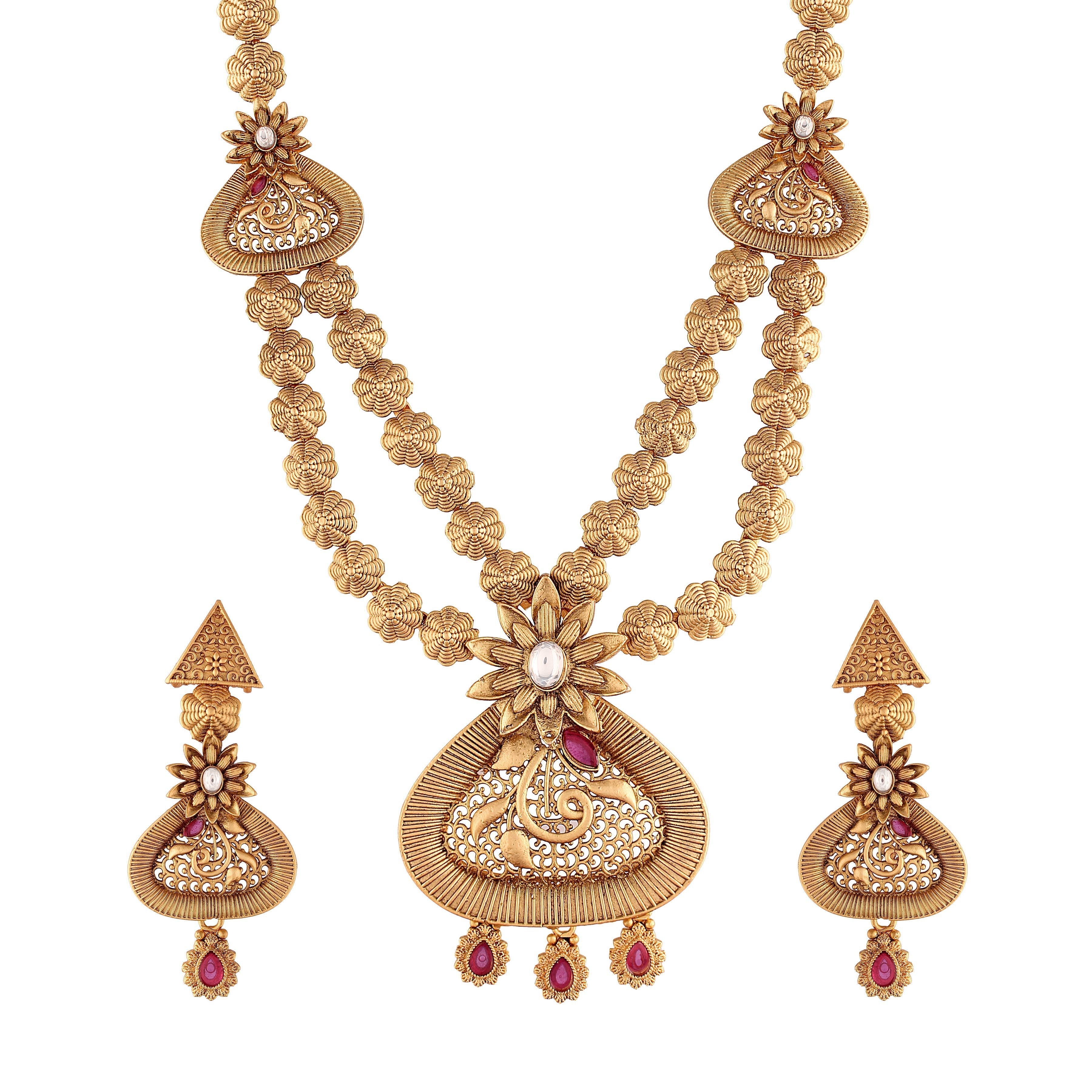 Women's 18k Gold Plated Traditional Long Brass Jewellery Set With Earrings