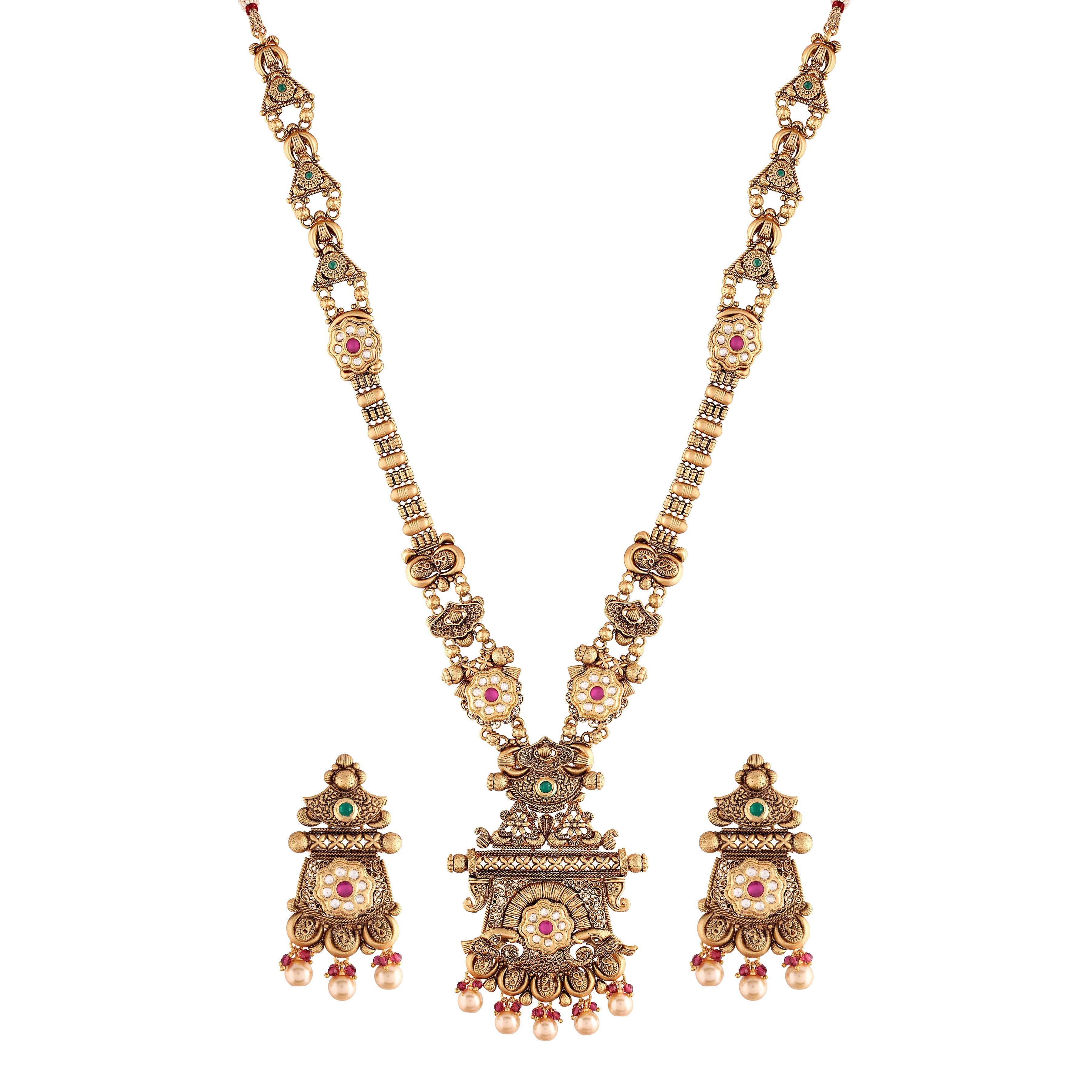 Women's 18k Gold Plated Traditional Long Brass Jewellery Set With Earrings