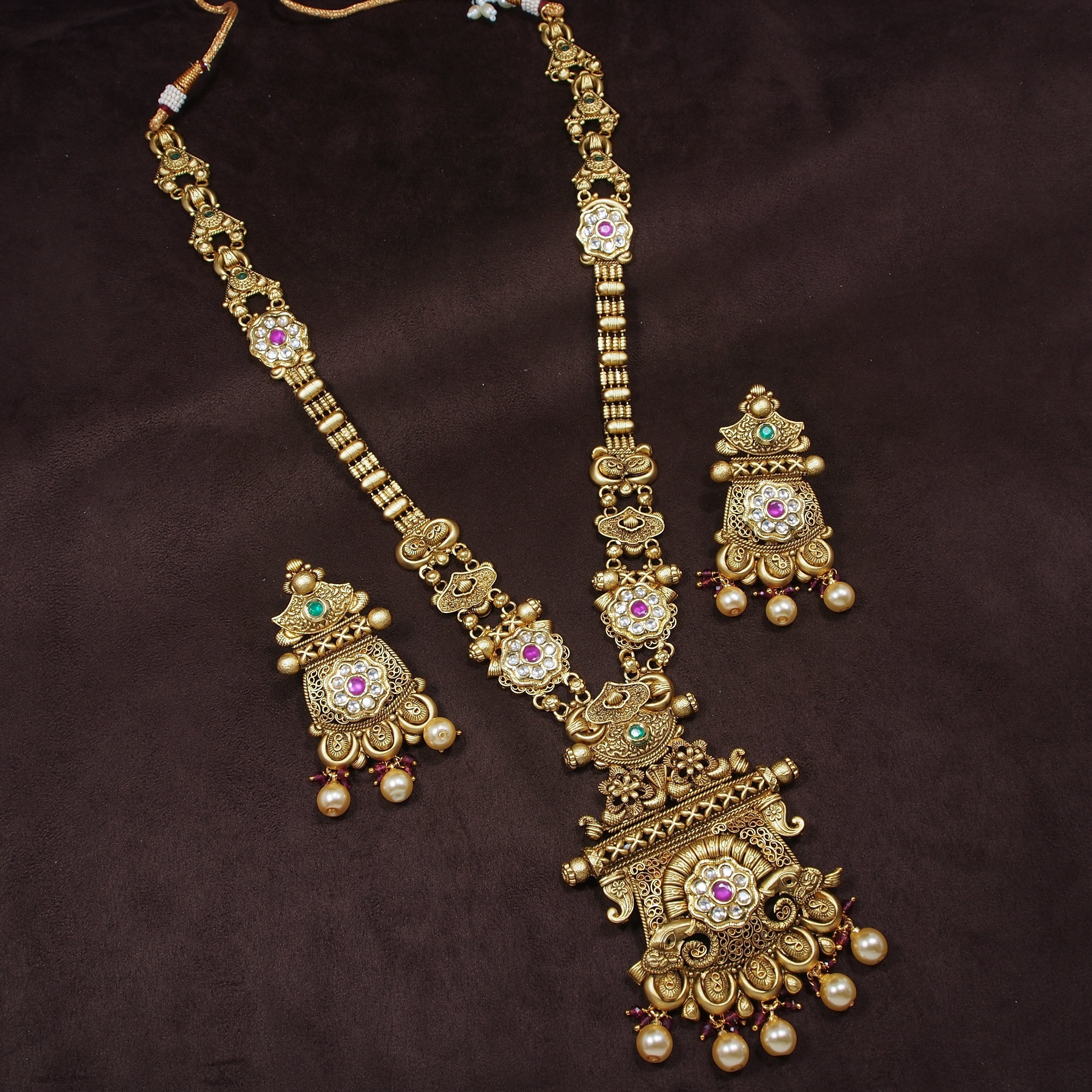Women's 18k Gold Plated Traditional Long Brass Jewellery Set With Earrings