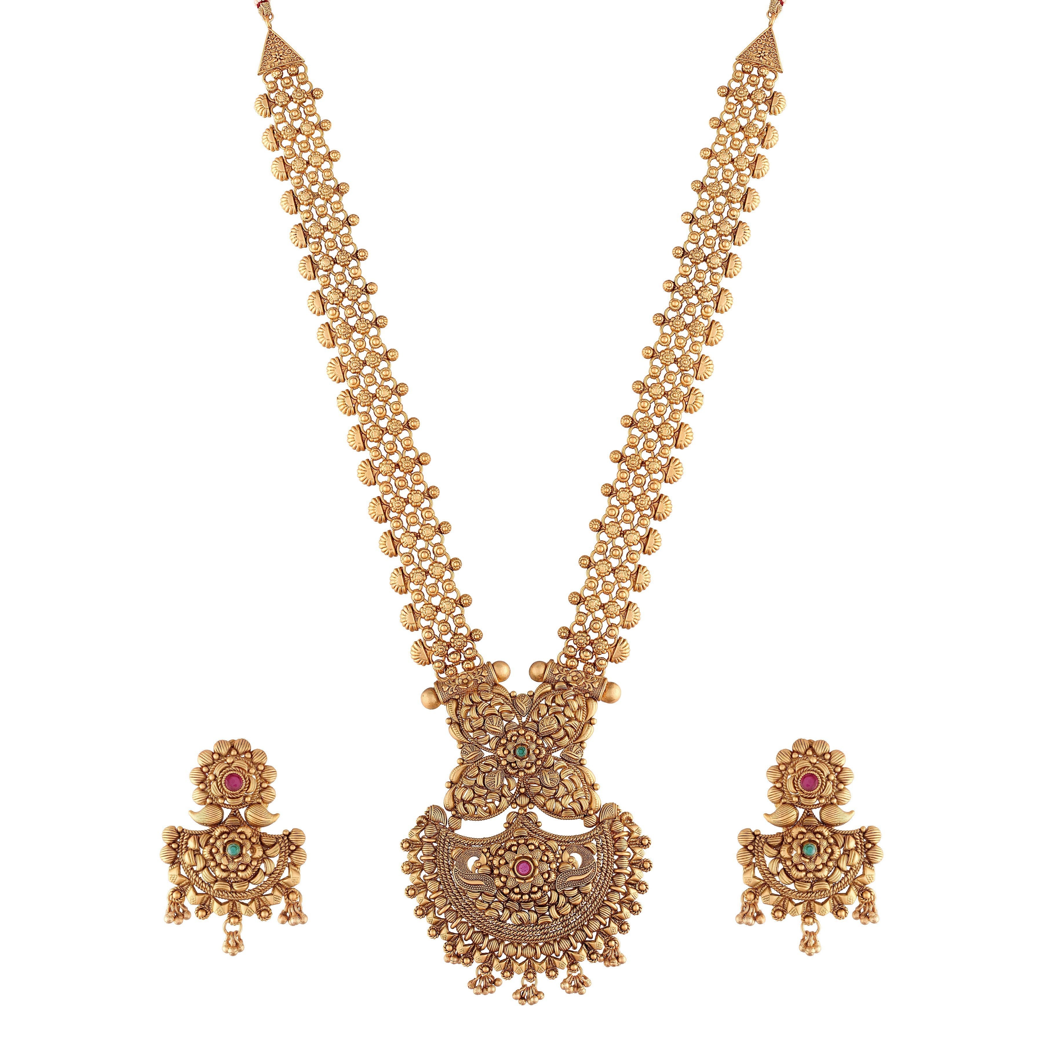 Women's 18k Gold Plated Traditional Long Brass Jewellery Set With Earrings
