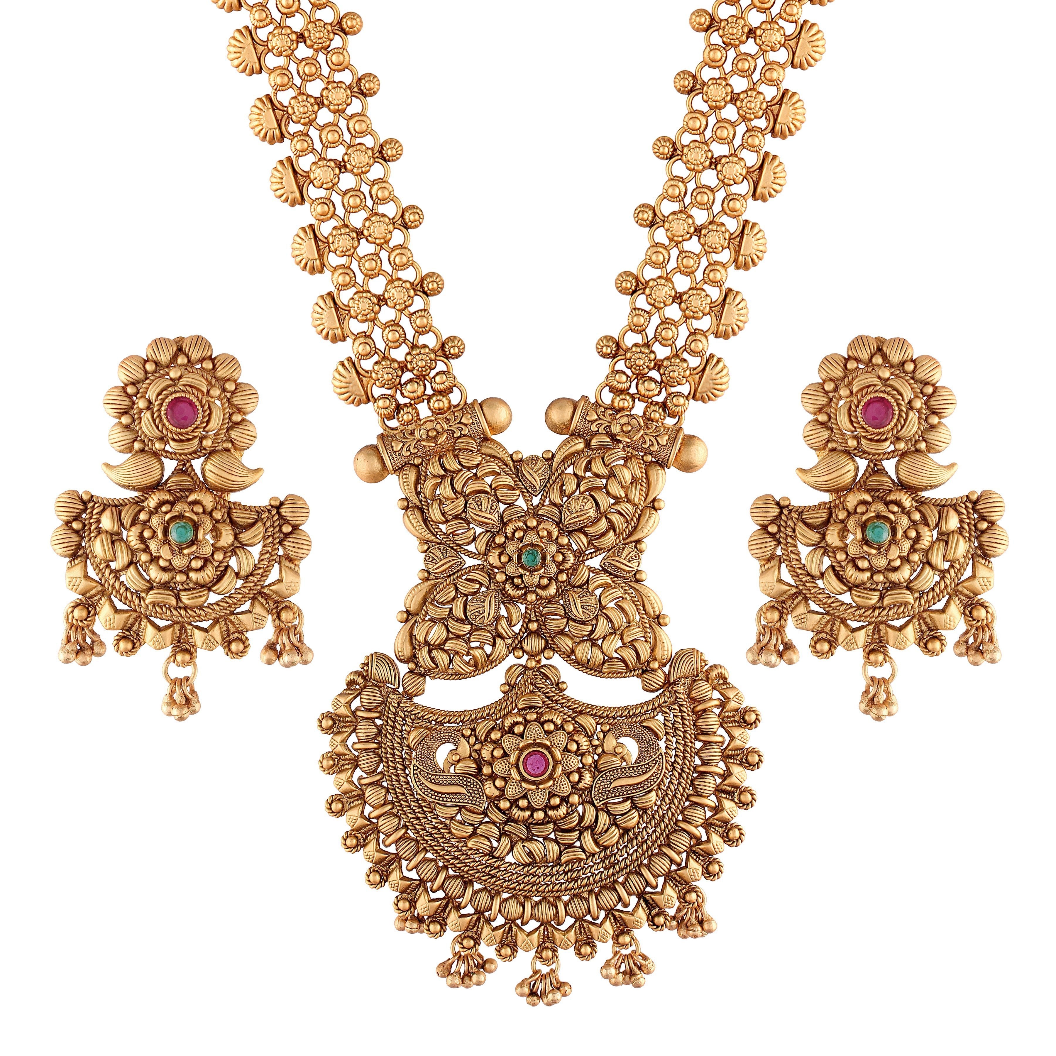Women's 18k Gold Plated Traditional Long Brass Jewellery Set With Earrings